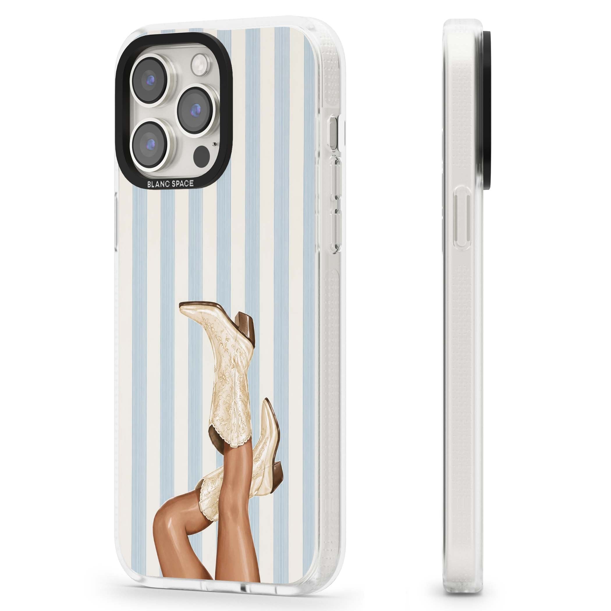 Cowgirl Boots coastal cowgirl iPhone case featuring embroidered western boots, tanned legs and a blue stripe backdrop | Clear Case Impact Air case for iPhone 15 Pro, iPhone 15 Pro Max