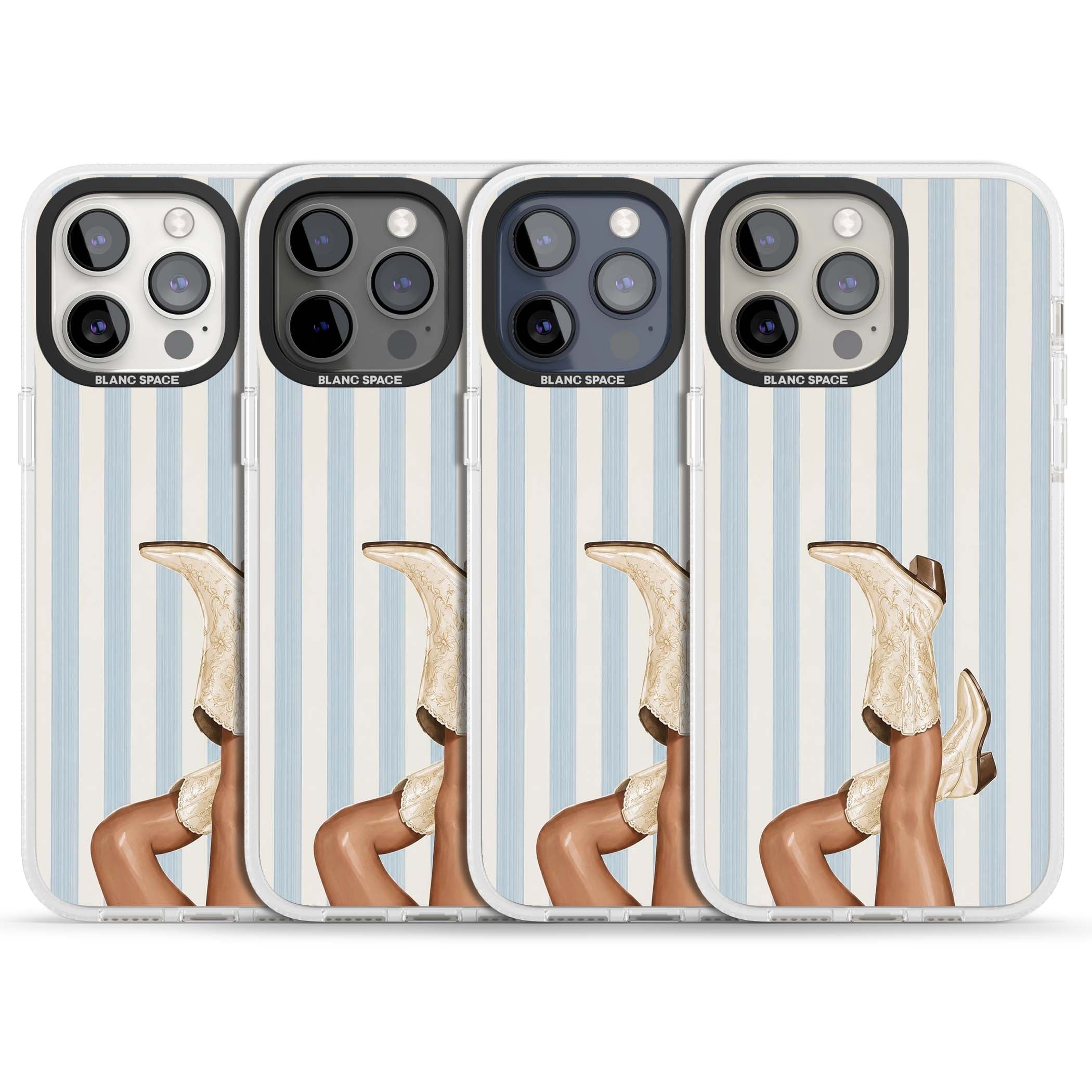 Cowgirl Boots coastal cowgirl iPhone case featuring embroidered western boots, tanned legs and a blue stripe backdrop | Clear Case Impact Air case for iPhone 15 Pro, iPhone 15 Pro Max