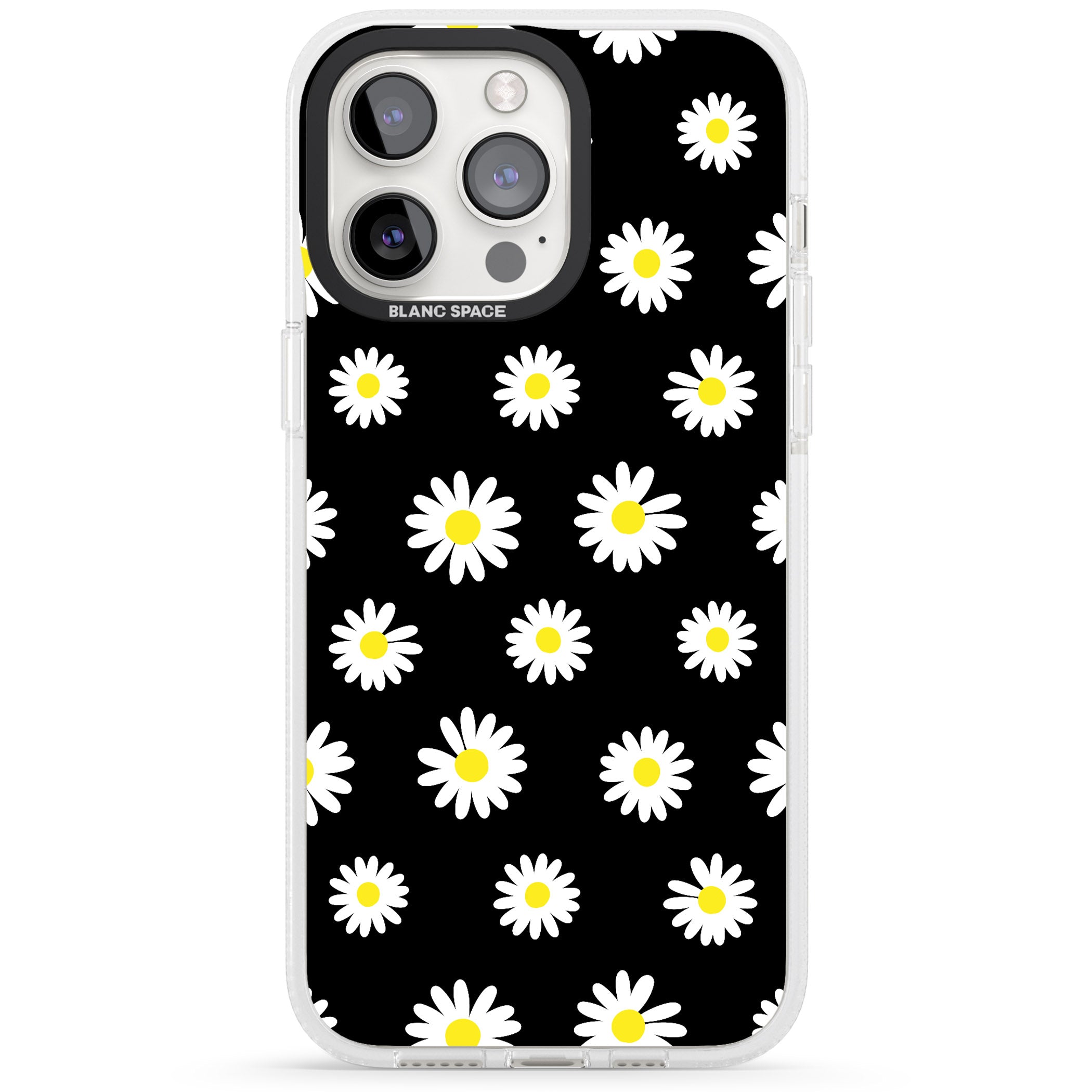 White Daisy Pattern (Black) iPhone 15 Pro Max / 15 Pro / 14 Pro Max / 14 Pro / 13 Pro Clear Case Impact Air - Blanc Space