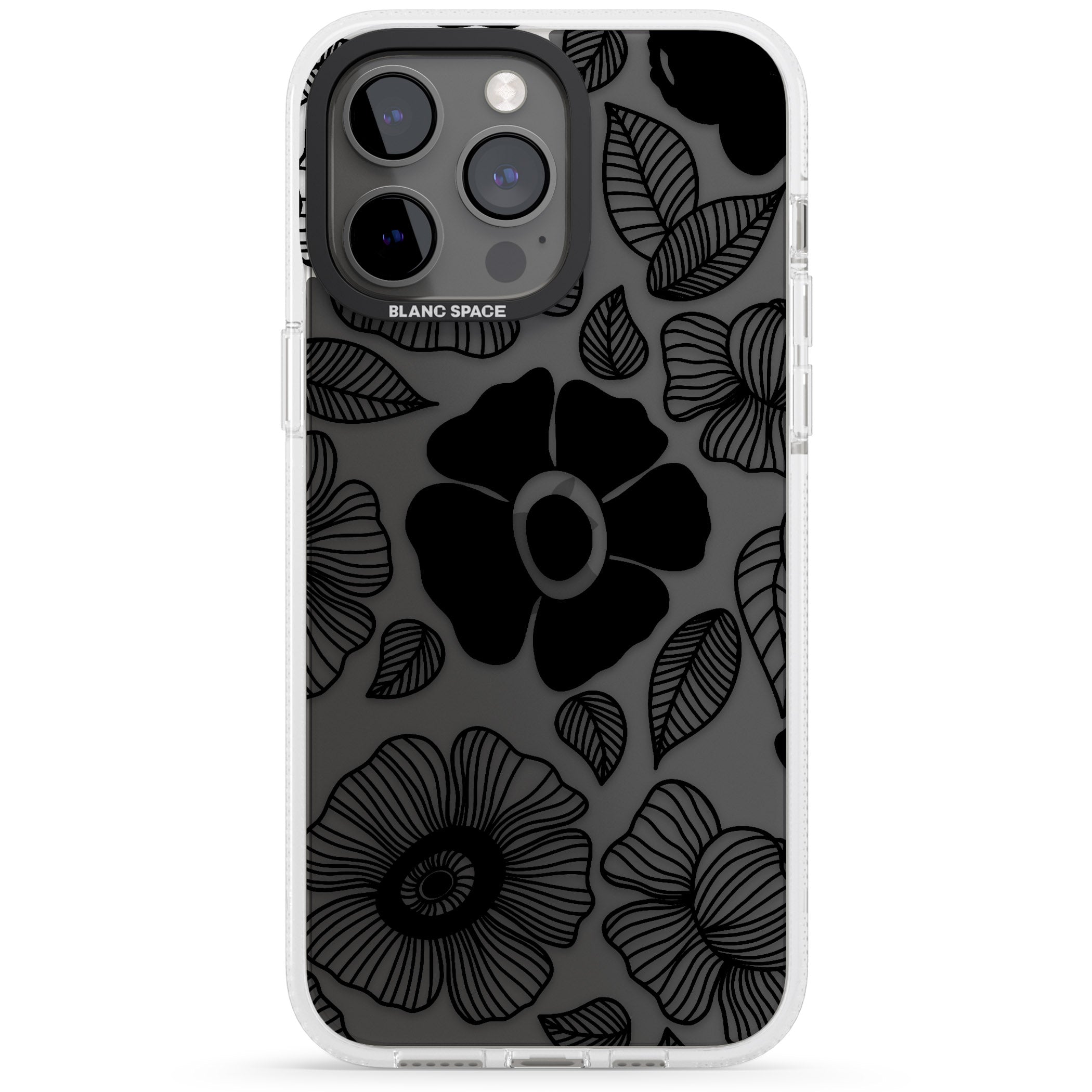 Black Flowers iPhone 15 Pro Max / 15 Pro / 14 Pro Max / 14 Pro / 13 Pro Clear Case Impact Air - Blanc Space
