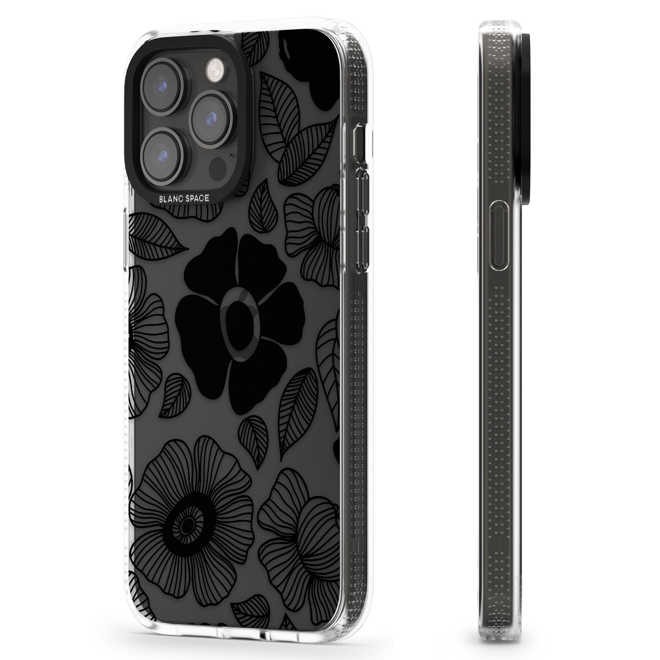 Black Flowers iPhone 15 Pro Max / 15 Pro / 14 Pro Max / 14 Pro / 13 Pro Clear Case Impact Air - Blanc Space