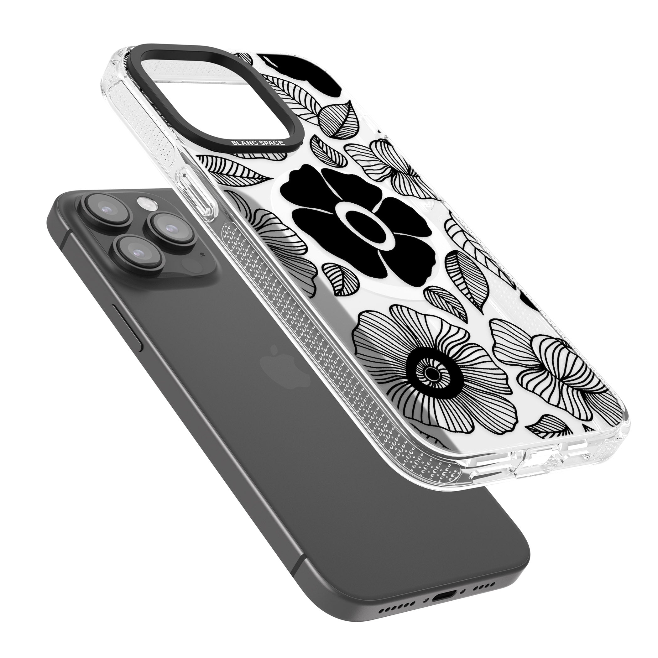 Black Flowers iPhone 15 Pro Max / 15 Pro / 14 Pro Max / 14 Pro / 13 Pro Clear Case Impact Air - Blanc Space
