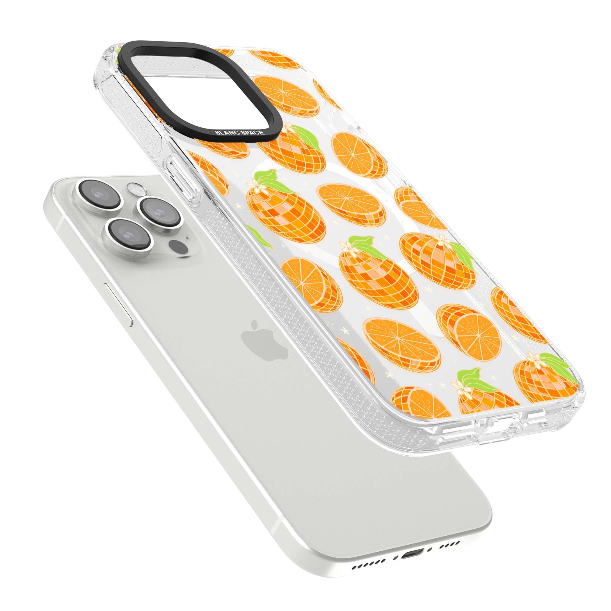 Disco Oranges retro iPhone case featuring mirrorball oranges, citrus slices and tiny blossoms on clear | Clear Case Impact Air case for iPhone 15 Pro, iPhone 15 Pro Max