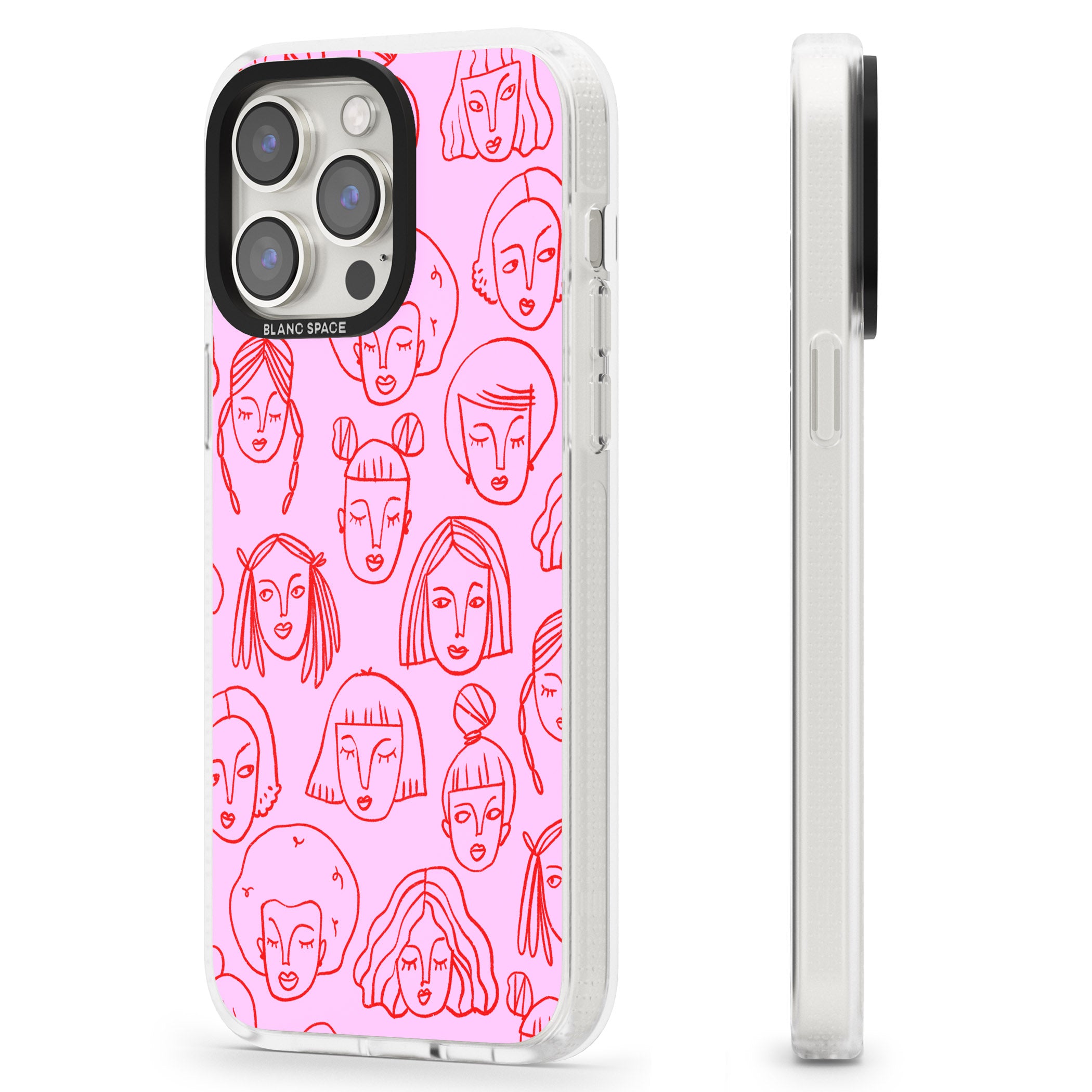 Girl Portrait Doodles in Pink & Red iPhone 15 Pro Max / 15 Pro / 14 Pro Max / 14 Pro / 13 Pro Clear Case Impact Air - Blanc Space