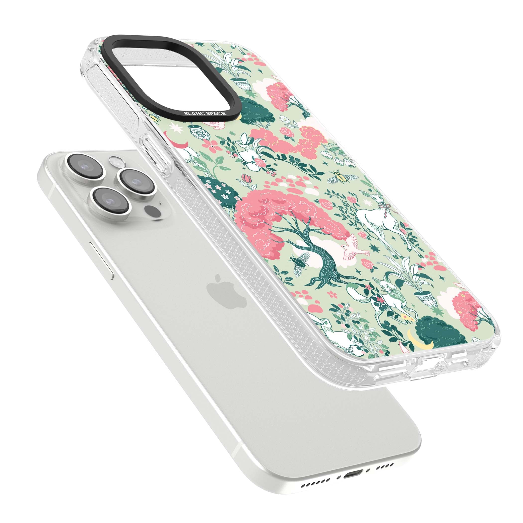 Enchanted Woodland cottagecore iPhone case featuring white deer, pink roses, mushrooms and woodland animals on sage green | Clear Case Impact Air case for iPhone 15 Pro, iPhone 15 Pro Max