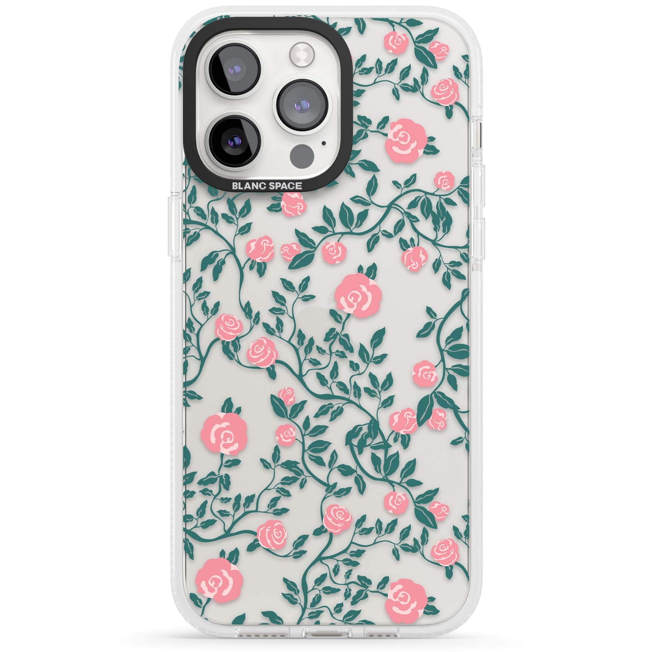 Rose Trellis (Clear) cottagecore iPhone case featuring pink climbing roses and green leaves on clear background | Clear Case Impact Air case for iPhone 15 Pro, iPhone 15 Pro Max