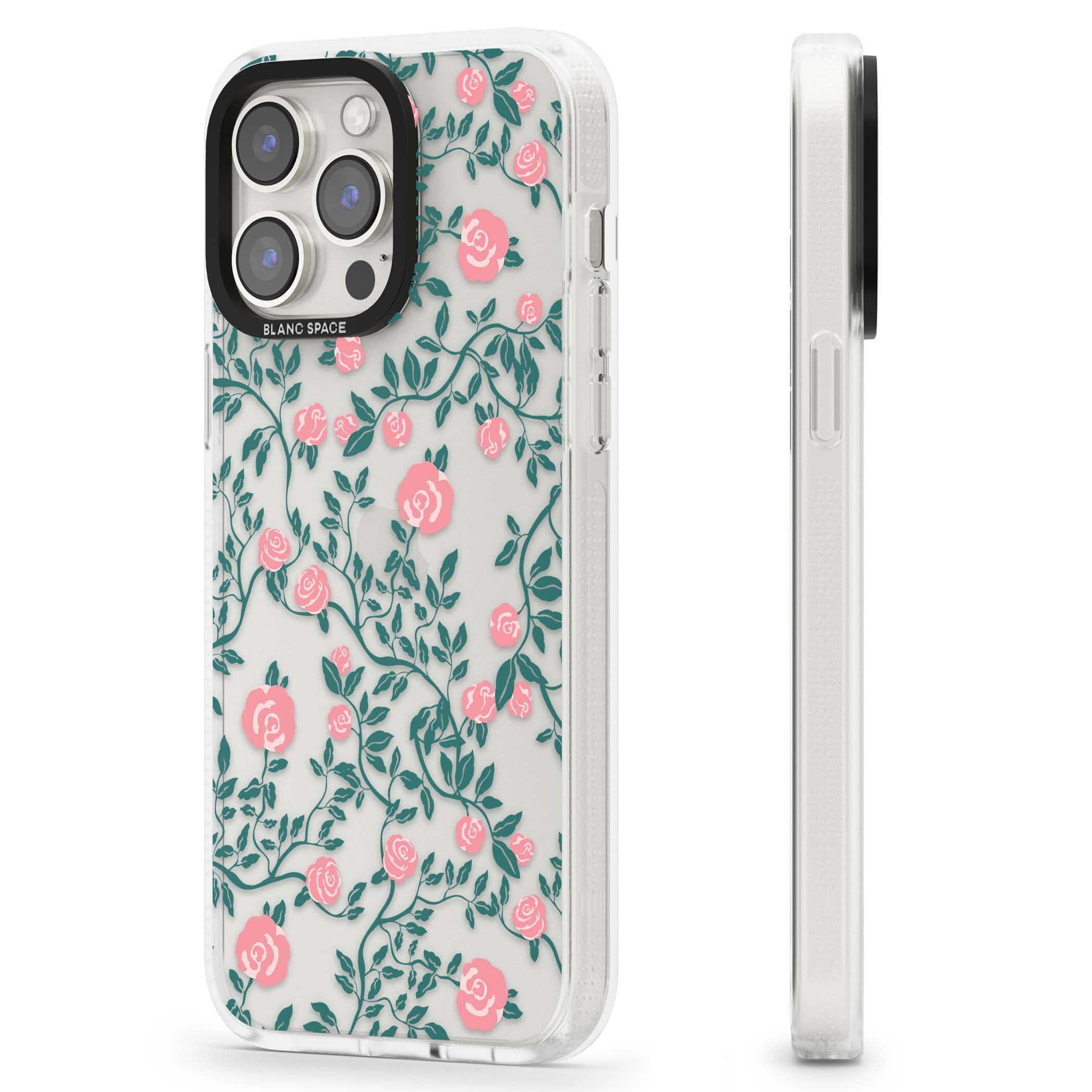 Rose Trellis (Clear) cottagecore iPhone case featuring pink climbing roses and green leaves on clear background | Clear Case Impact Air case for iPhone 15 Pro, iPhone 15 Pro Max