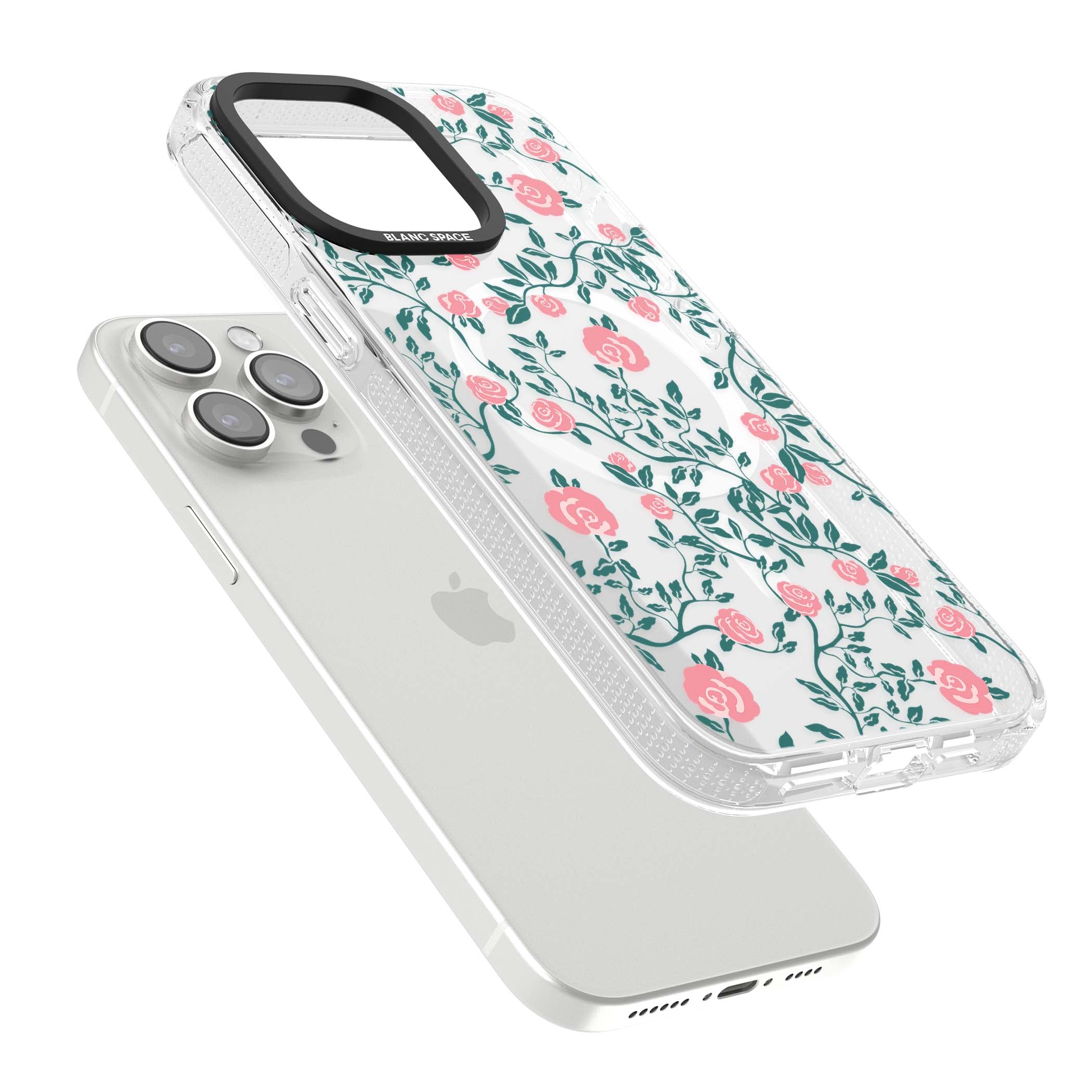 Rose Trellis (Clear) cottagecore iPhone case featuring pink climbing roses and green leaves on clear background | Clear Case Impact Air case for iPhone 15 Pro, iPhone 15 Pro Max