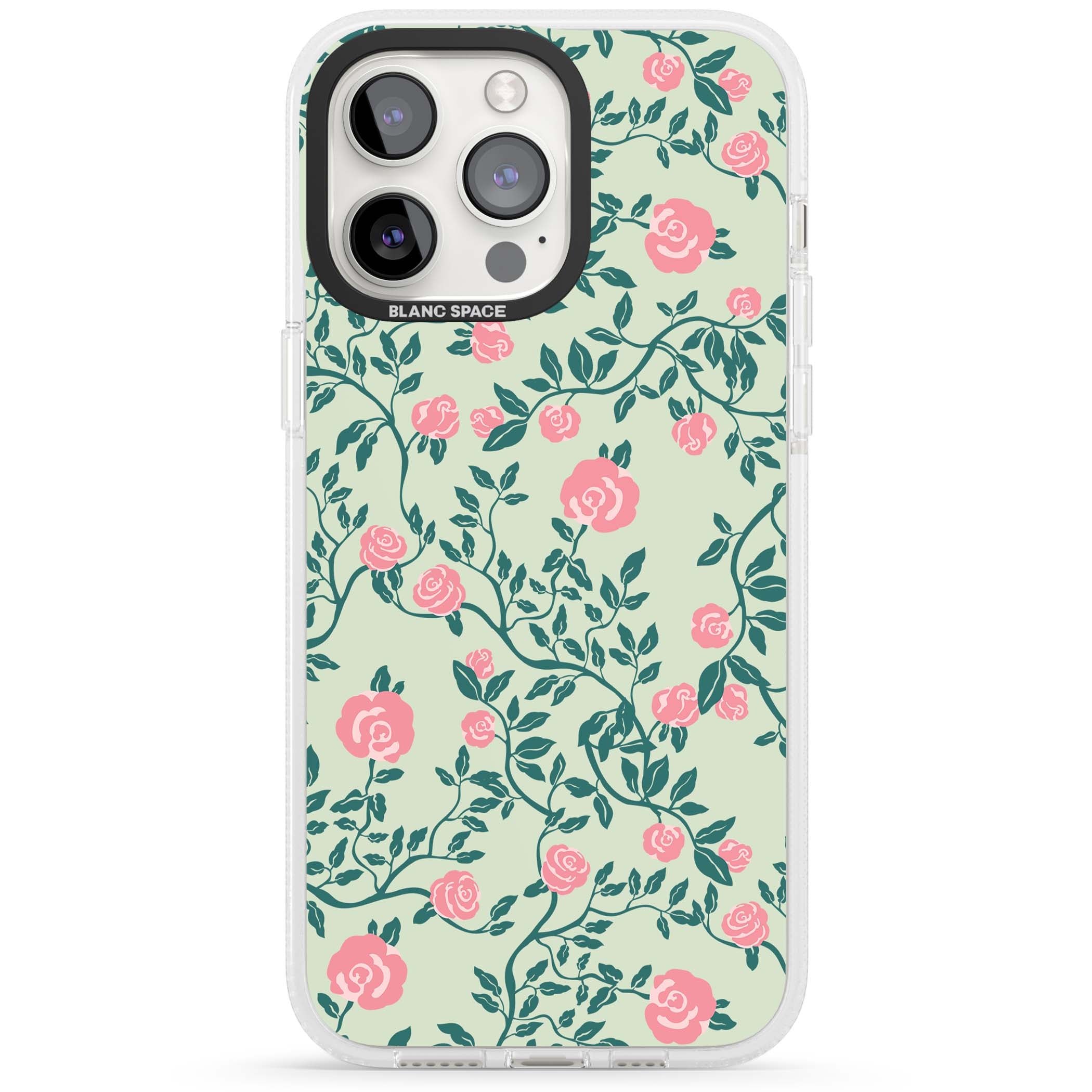 Rose Trellis cottagecore iPhone case featuring pink roses, sage green vines, and mint background | Clear Case Impact Air case for iPhone 15 Pro, iPhone 15 Pro Max