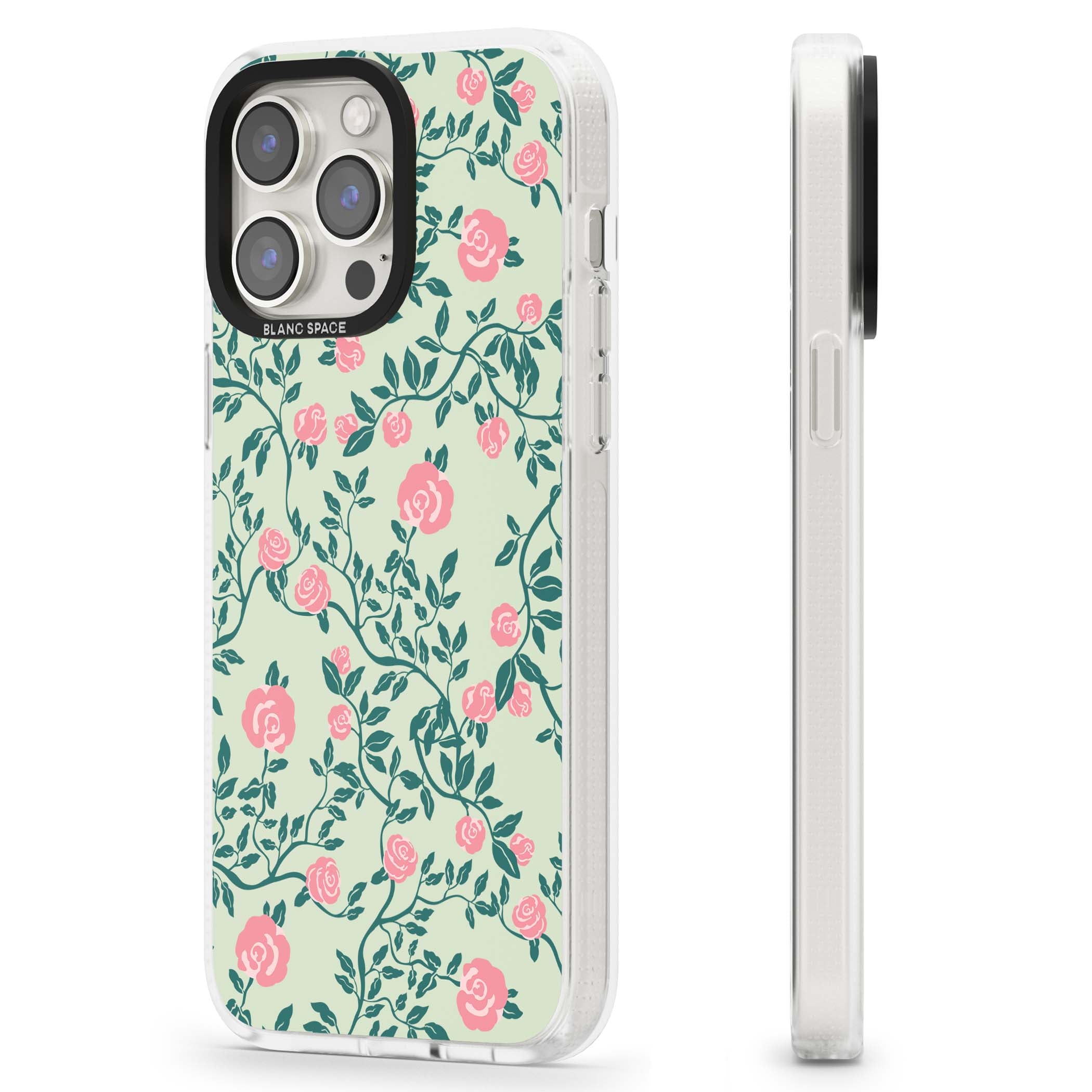 Rose Trellis cottagecore iPhone case featuring pink roses, sage green vines, and mint background | Clear Case Impact Air case for iPhone 15 Pro, iPhone 15 Pro Max