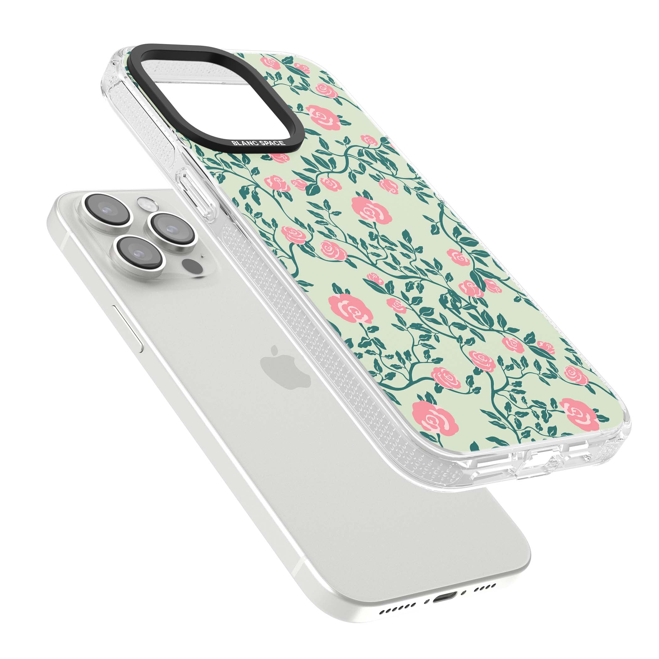 Rose Trellis cottagecore iPhone case featuring pink roses, sage green vines, and mint background | Clear Case Impact Air case for iPhone 15 Pro, iPhone 15 Pro Max