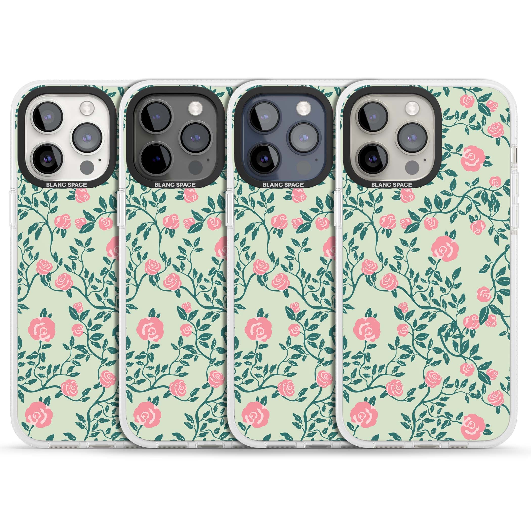 Rose Trellis cottagecore iPhone case featuring pink roses, sage green vines, and mint background | Clear Case Impact Air case for iPhone 15 Pro, iPhone 15 Pro Max