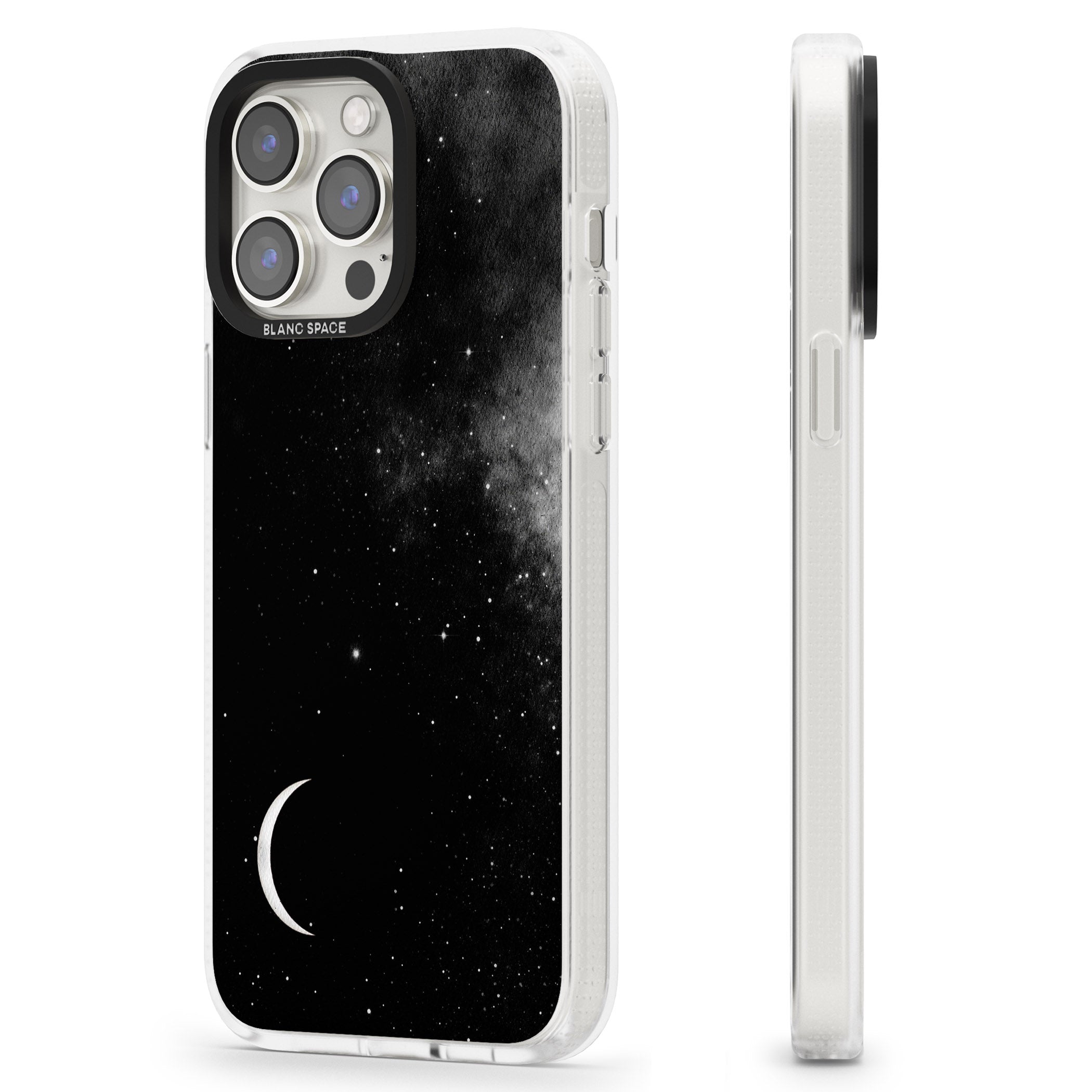 Night Sky Galaxies: Crescent Moon iPhone 15 Pro Max / 15 Pro / 14 Pro Max / 14 Pro / 13 Pro Clear Case Impact Air - Blanc Space