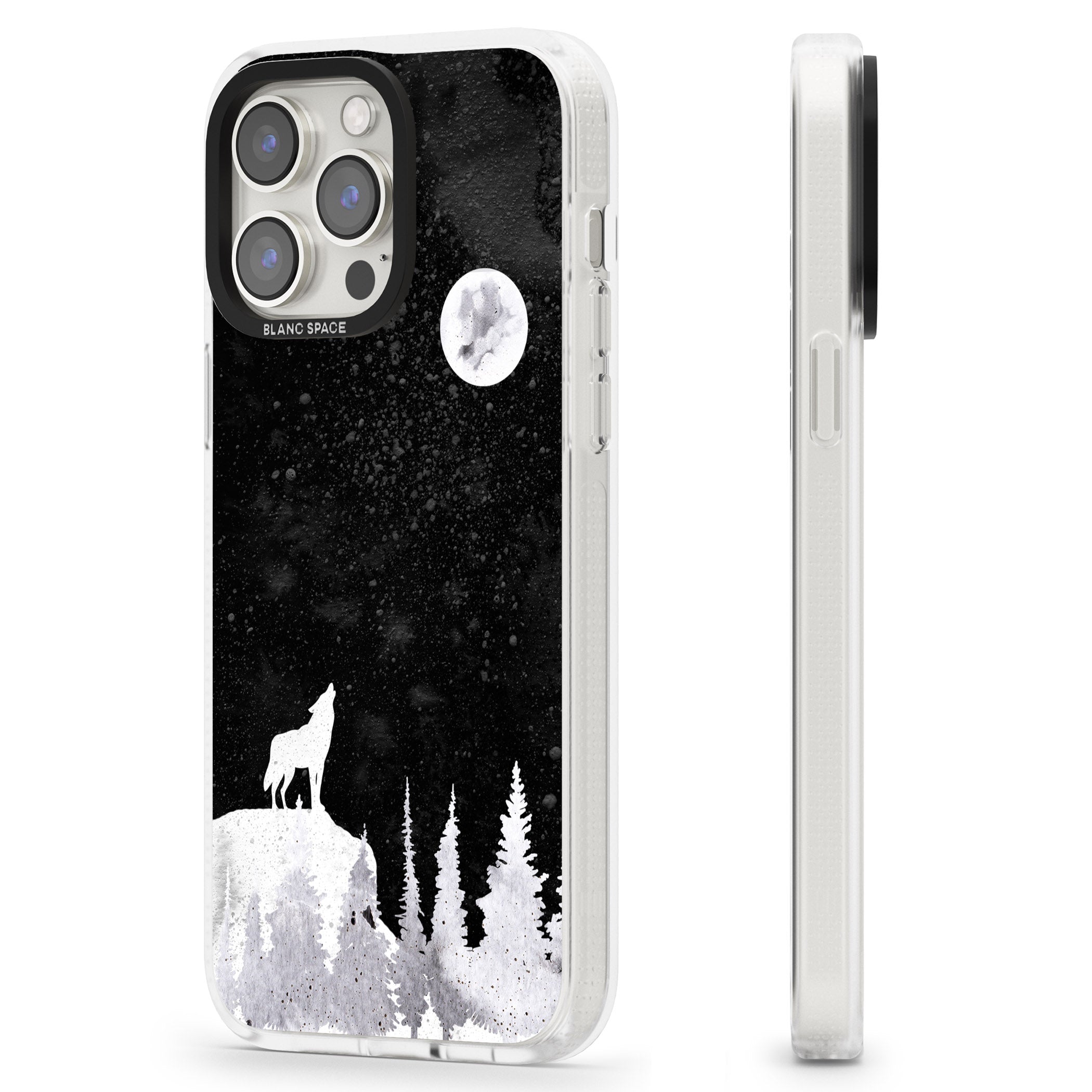 Moon Phases: Wolf & Full Moon iPhone 15 Pro Max / 15 Pro / 14 Pro Max / 14 Pro / 13 Pro Clear Case Impact Air - Blanc Space
