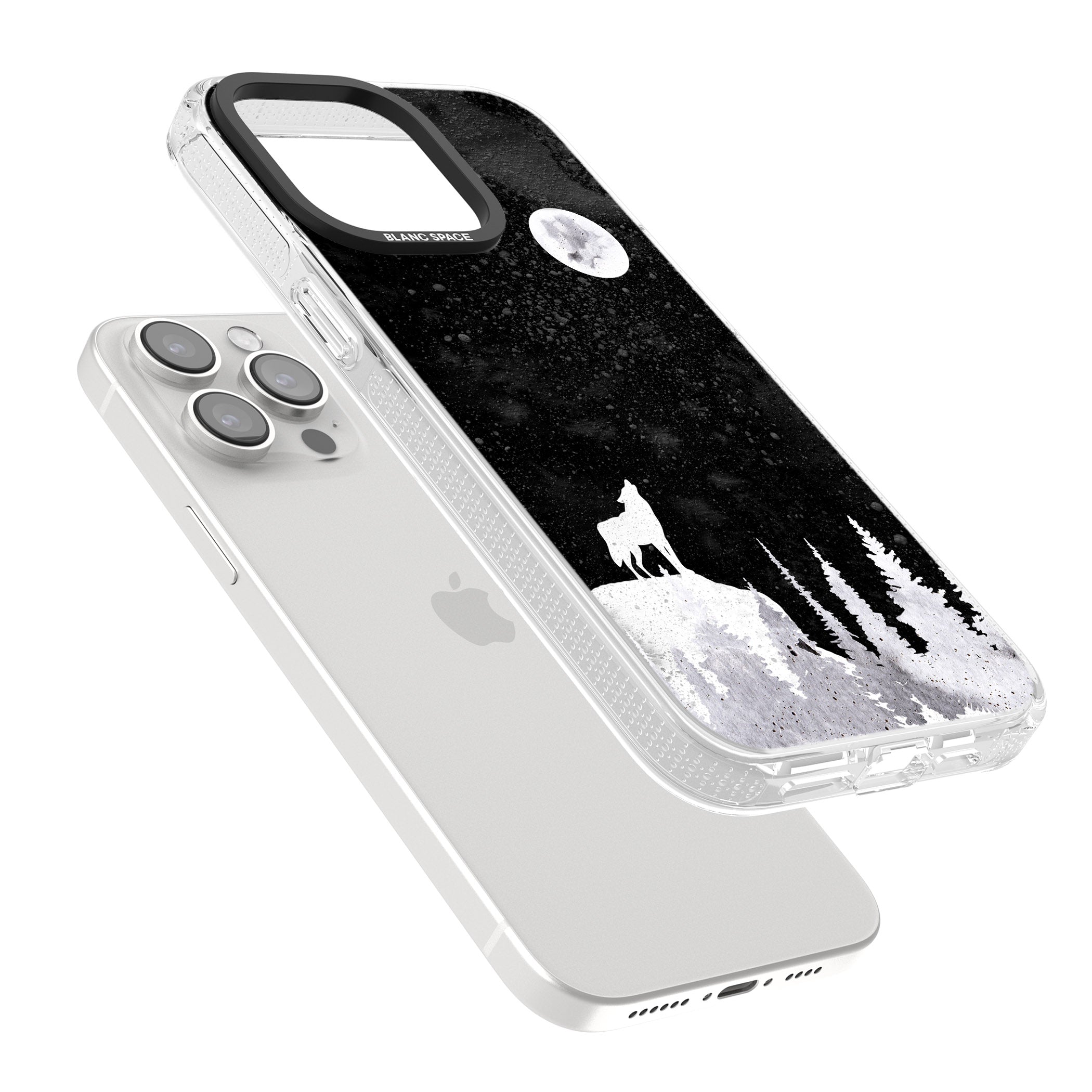 Moon Phases: Wolf & Full Moon iPhone 15 Pro Max / 15 Pro / 14 Pro Max / 14 Pro / 13 Pro Clear Case Impact Air - Blanc Space