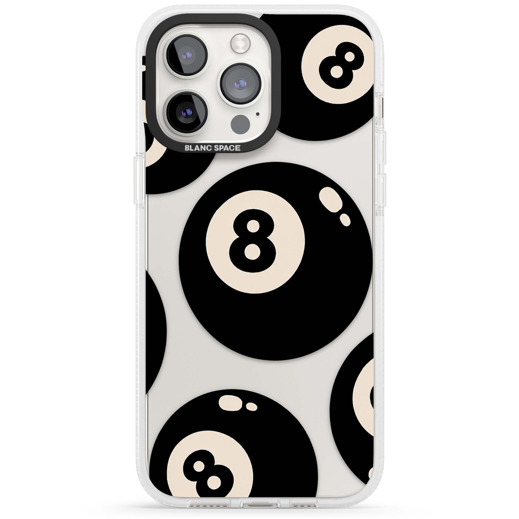 Eights y2k iPhone case featuring scattered black 8 balls with cream highlights on a clear background | Clear Case Impact Air case for iPhone 15 Pro, iPhone 15 Pro Max