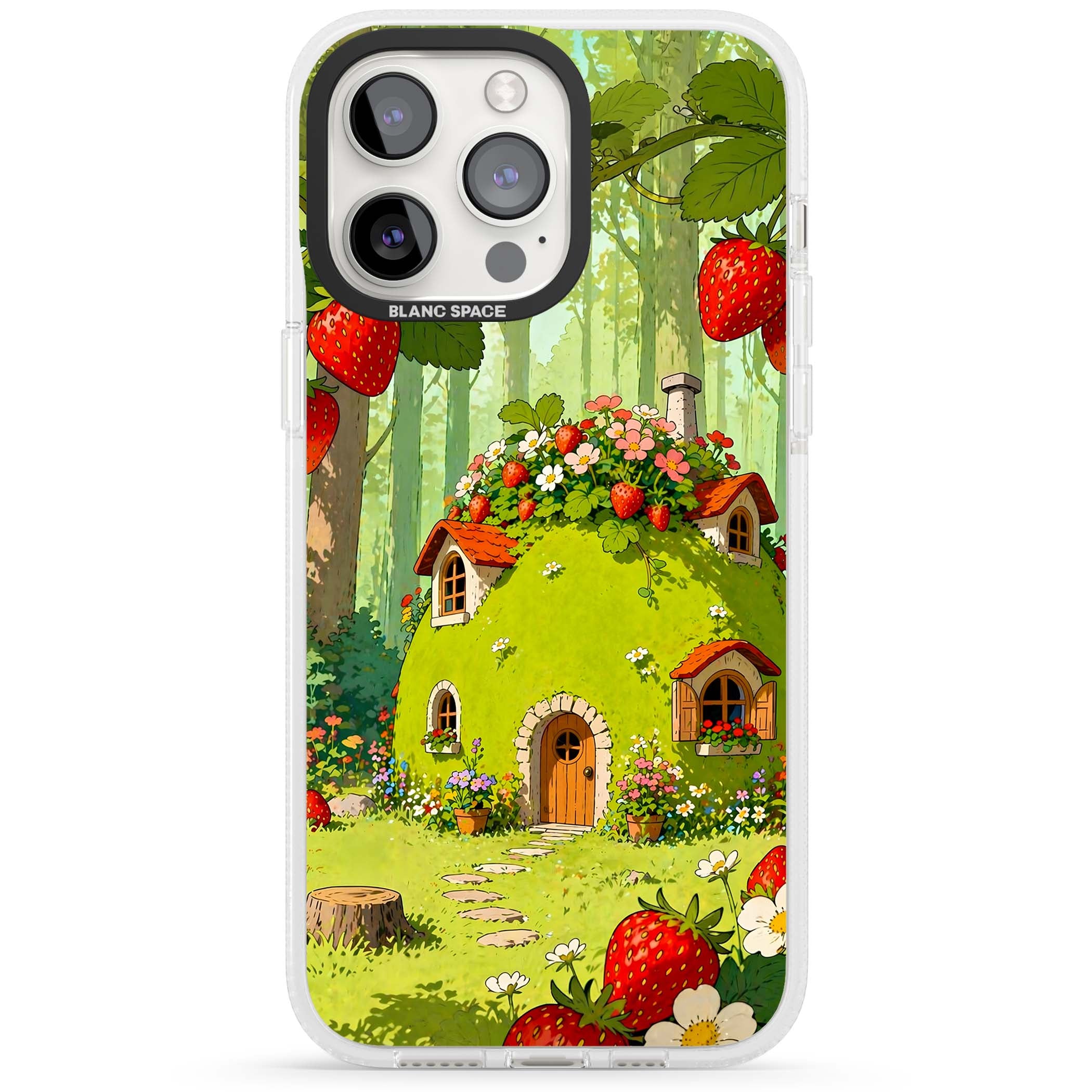 Strawberry Cottage cottagecore iPhone case featuring a green fairy house, wild strawberries and enchanted forest flowers | Clear Case Impact Air case for iPhone 15 Pro, iPhone 15 Pro Max