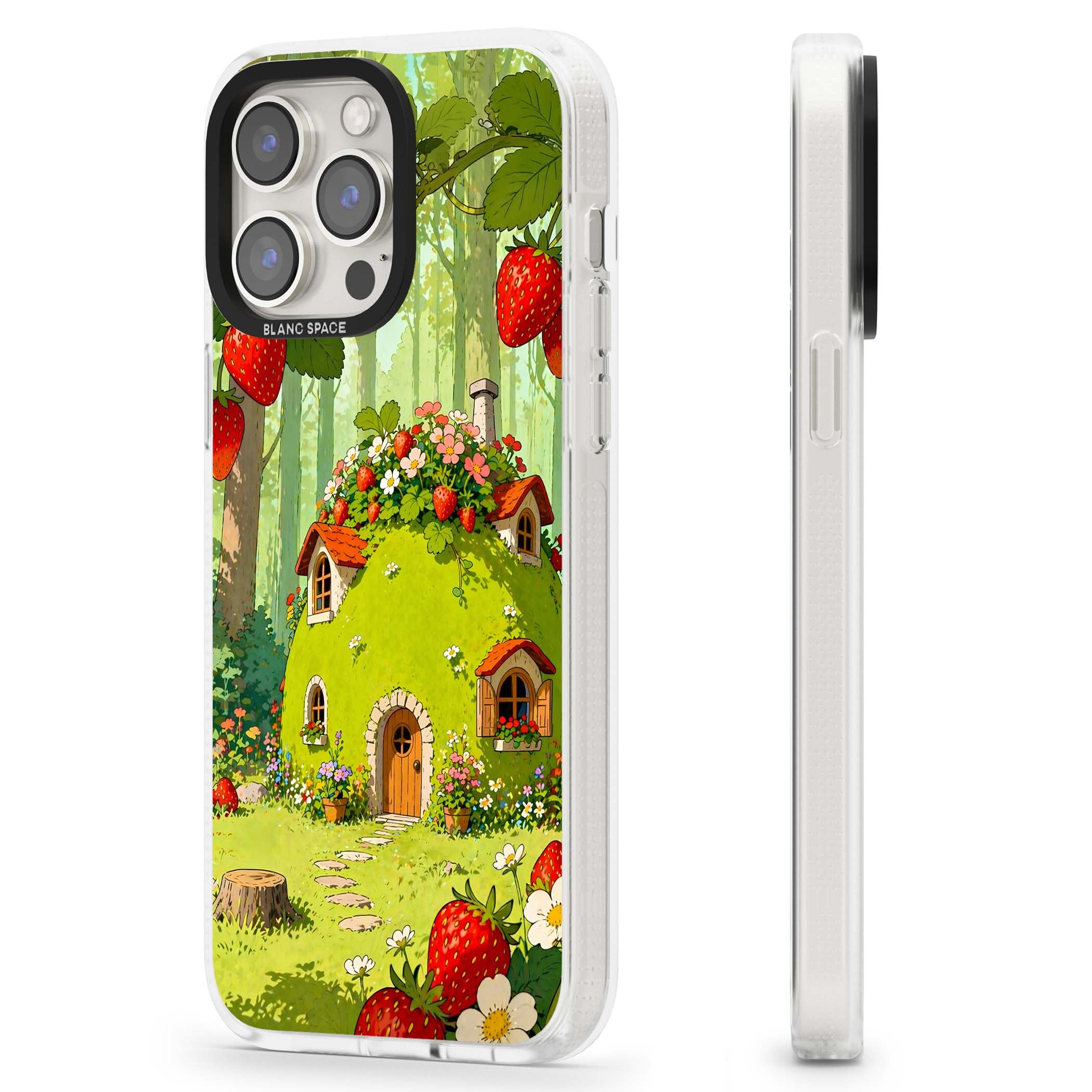 Strawberry Cottage cottagecore iPhone case featuring a green fairy house, wild strawberries and enchanted forest flowers | Clear Case Impact Air case for iPhone 15 Pro, iPhone 15 Pro Max