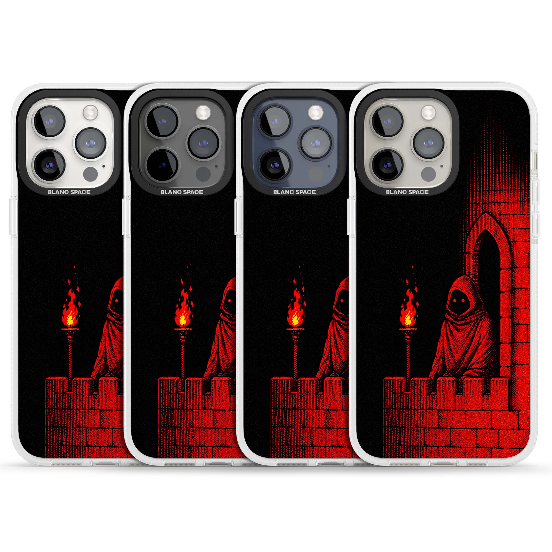 Crimson Crypt gothic iPhone case featuring a hooded reaper, torchlit crypt archway and red halftone horror art | Clear Case Impact Air case for iPhone 15 Pro, iPhone 15 Pro Max