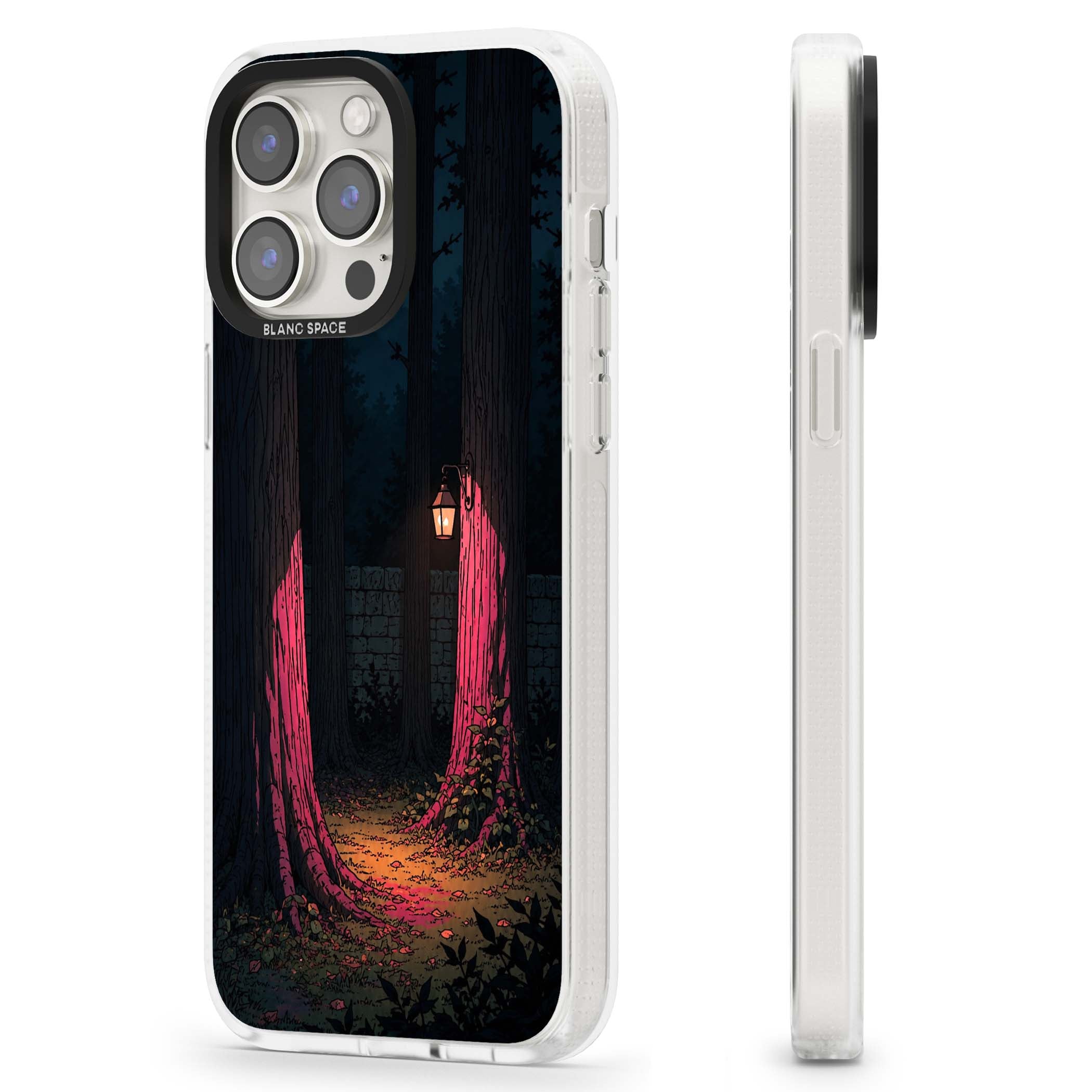 Forest Lantern dark academia iPhone case featuring a moonlit forest, glowing lantern, and stone wall pathway | Clear Case Impact Air case for iPhone 15 Pro, iPhone 15 Pro Max