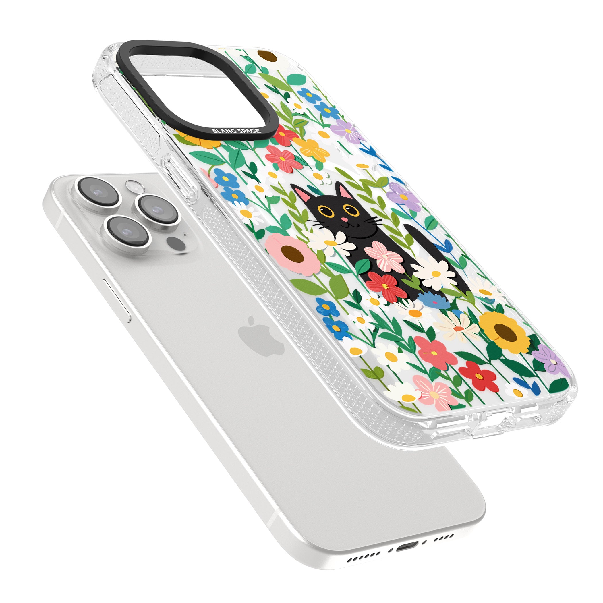 Whiskers & Wildflowers Cat iPhone 15 Pro Max / 15 Pro / 14 Pro Max / 14 Pro / 13 Pro Clear Case Impact Air - Blanc Space