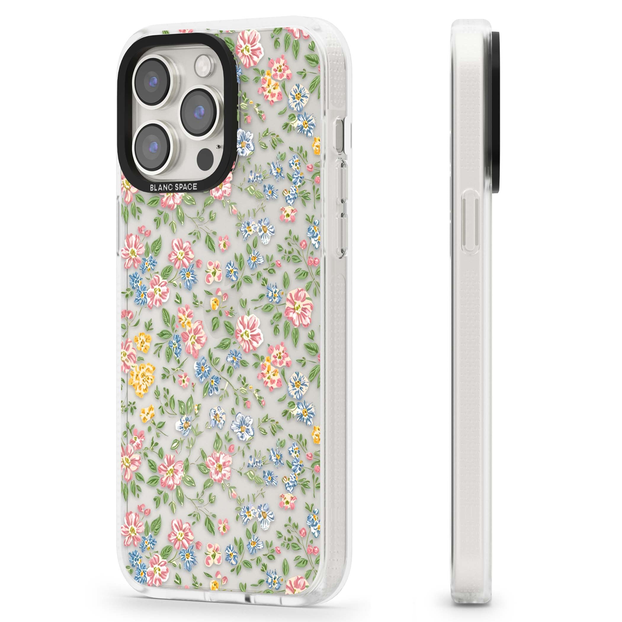 Soft Meadow cottagecore iPhone case featuring pink cosmos, blue forget-me-nots, yellow buttercups and green leaves sca | Clear Case Impact Air case for iPhone 15 Pro, iPhone 15 Pro Max