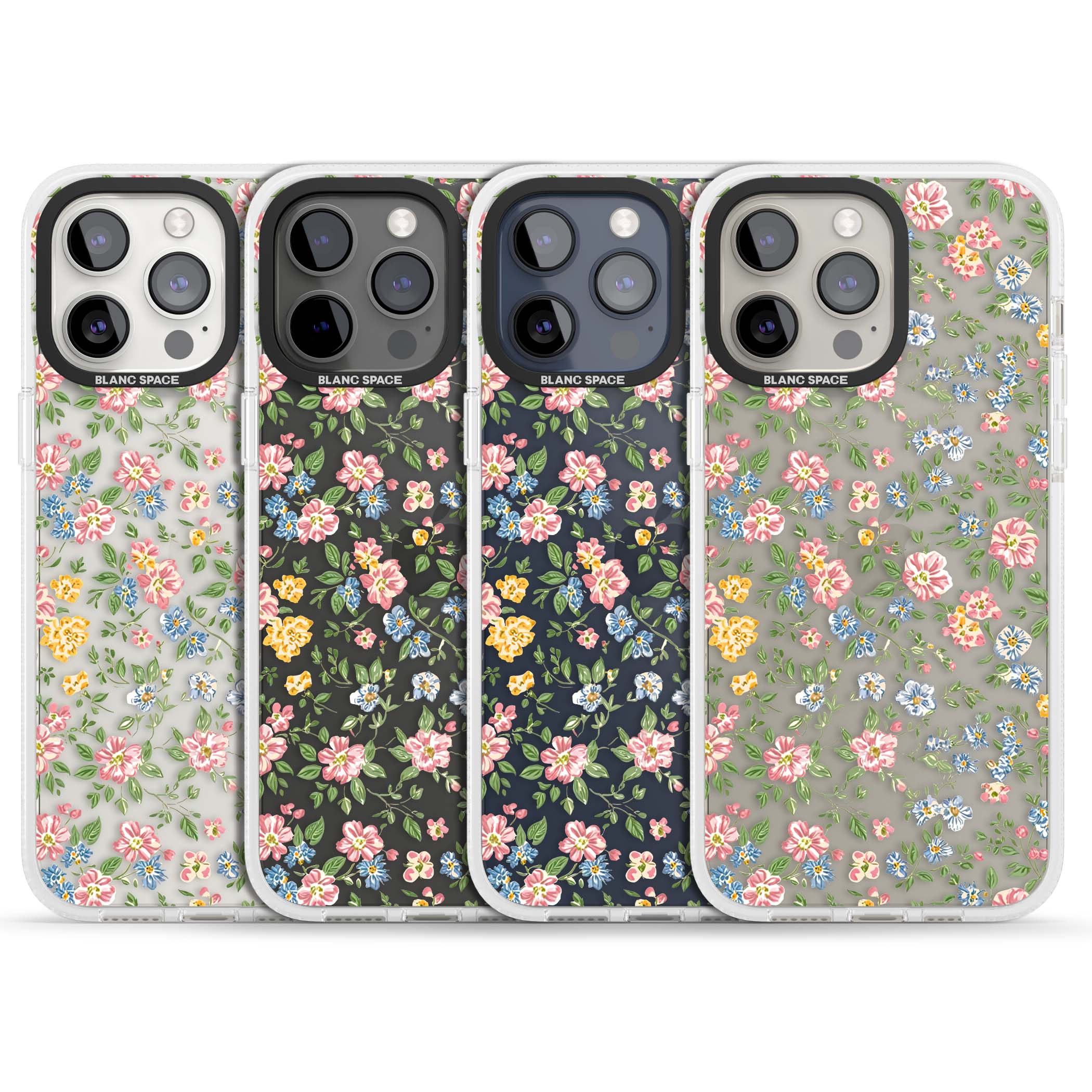 Soft Meadow cottagecore iPhone case featuring pink cosmos, blue forget-me-nots, yellow buttercups and green leaves sca | Clear Case Impact Air case for iPhone 15 Pro, iPhone 15 Pro Max
