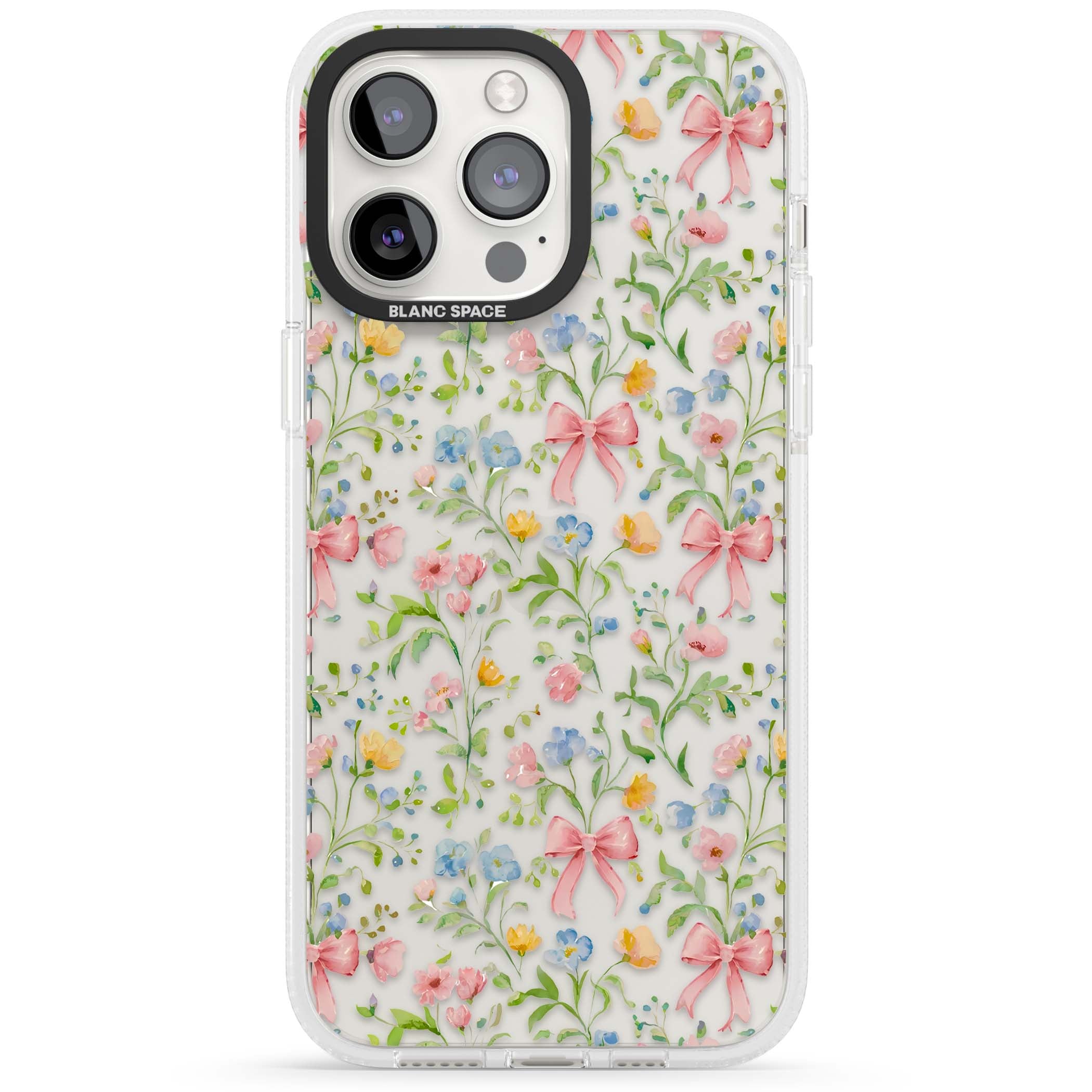 Ribbons & Wildflowers cottagecore iPhone case featuring watercolor wildflowers, pink satin bows, and delicate spring blooms o | Clear Case Impact Air case for iPhone 15 Pro, iPhone 15 Pro Max