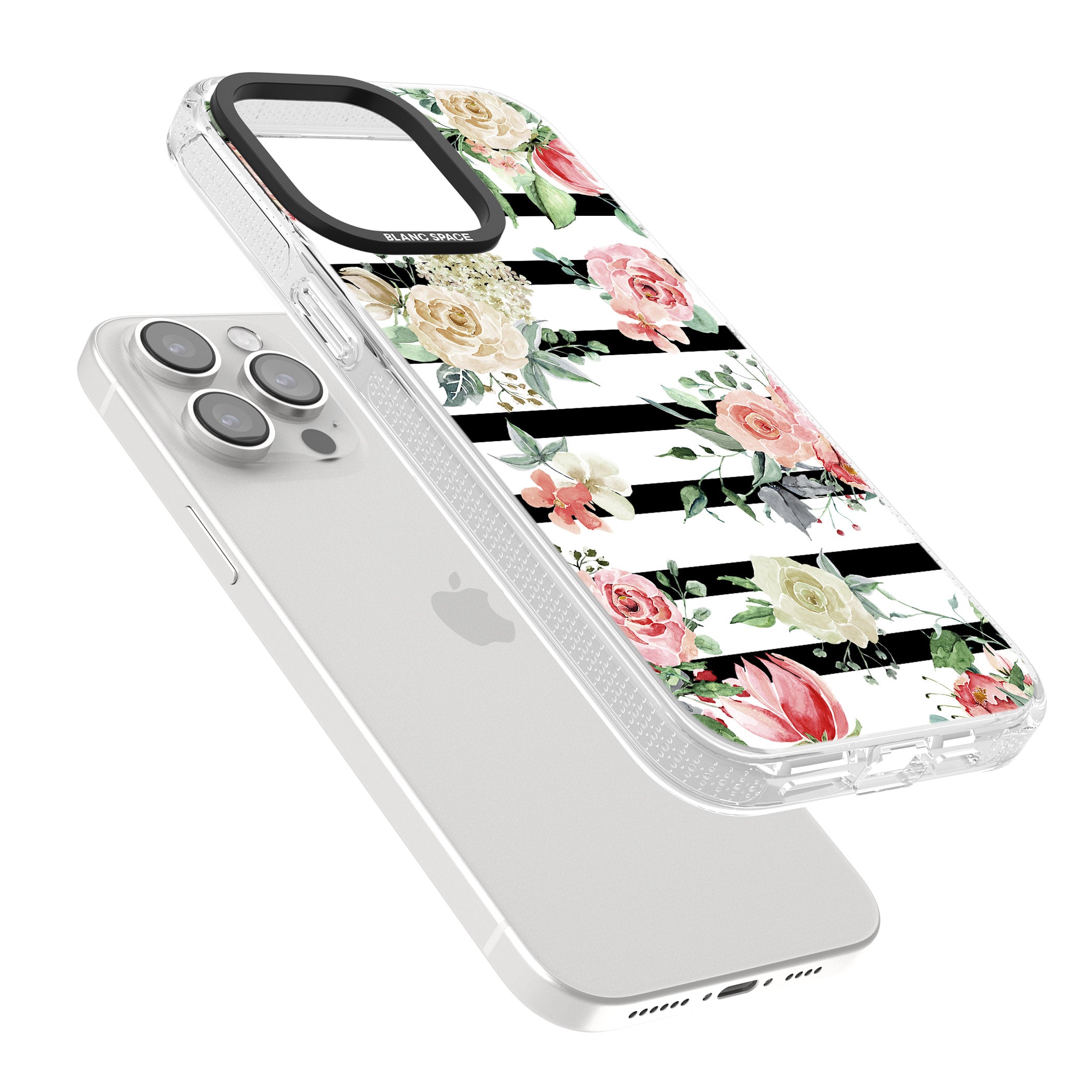Bold Stripes & Flower Pattern iPhone 15 Pro Max / 15 Pro / 14 Pro Max / 14 Pro / 13 Pro Clear Case Impact Air - Blanc Space