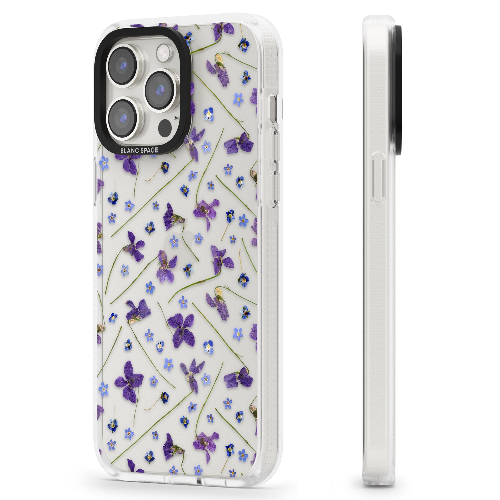 Violet & Blue Floral Pattern Design iPhone 15 Pro Max / 15 Pro / 14 Pro Max / 14 Pro / 13 Pro Clear Case Impact Air - Blanc Space