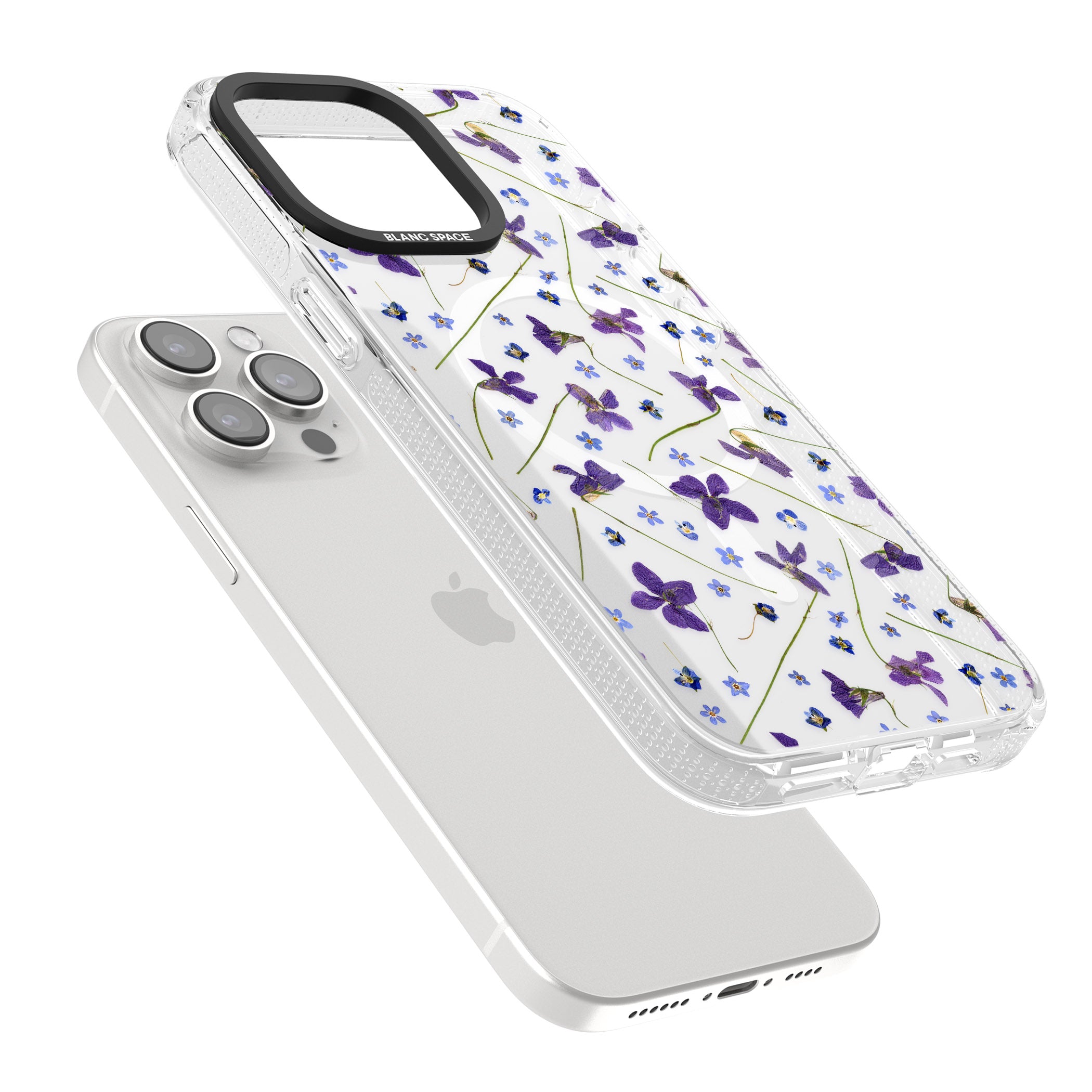 Violet & Blue Floral Pattern Design iPhone 15 Pro Max / 15 Pro / 14 Pro Max / 14 Pro / 13 Pro Clear Case Impact Air - Blanc Space