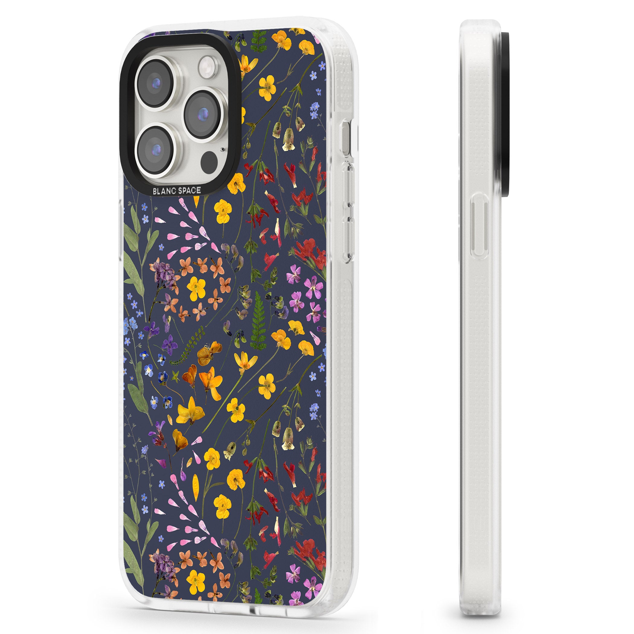 Wildflower & Leaves Cluster Design - Navy iPhone 15 Pro Max / 15 Pro / 14 Pro Max / 14 Pro / 13 Pro Clear Case Impact Air - Blanc Space
