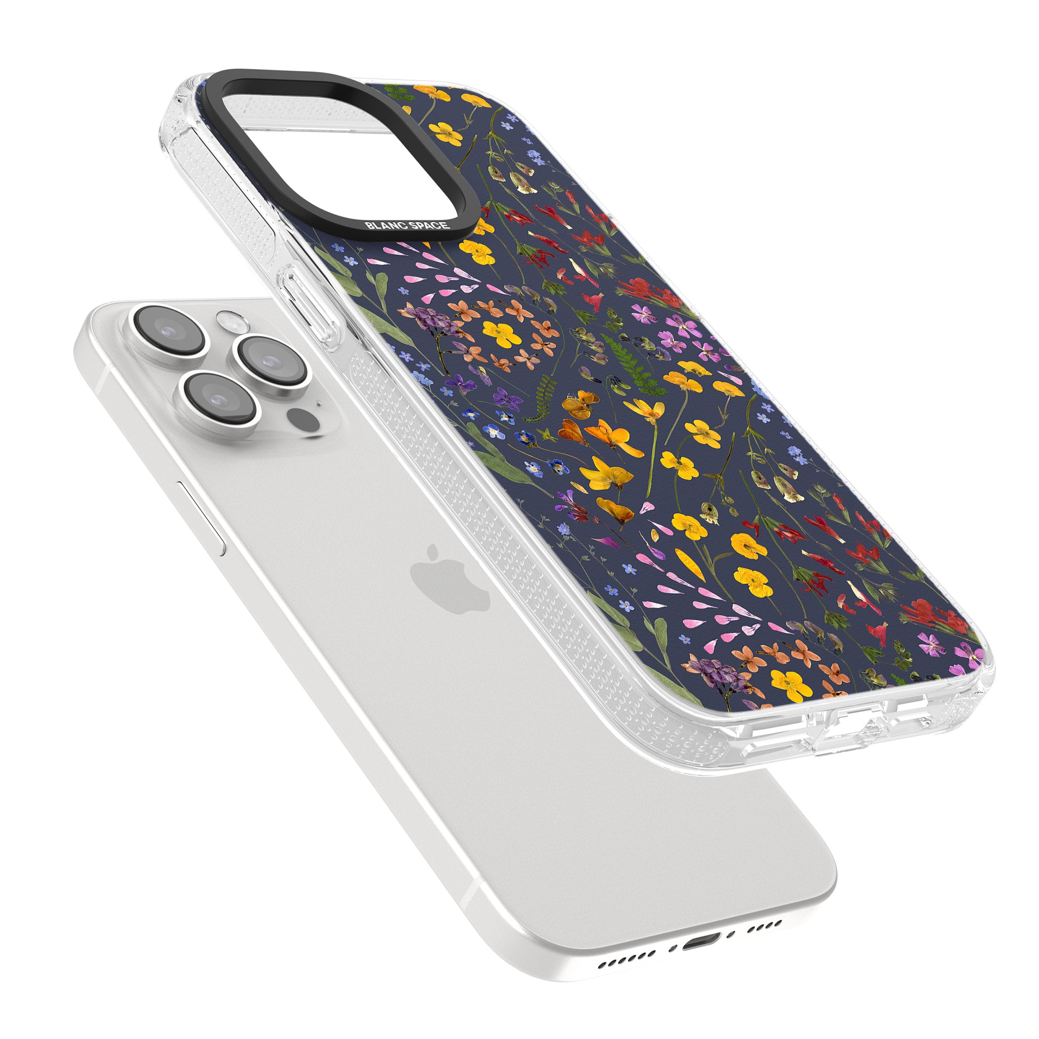 Wildflower & Leaves Cluster Design - Navy iPhone 15 Pro Max / 15 Pro / 14 Pro Max / 14 Pro / 13 Pro Clear Case Impact Air - Blanc Space