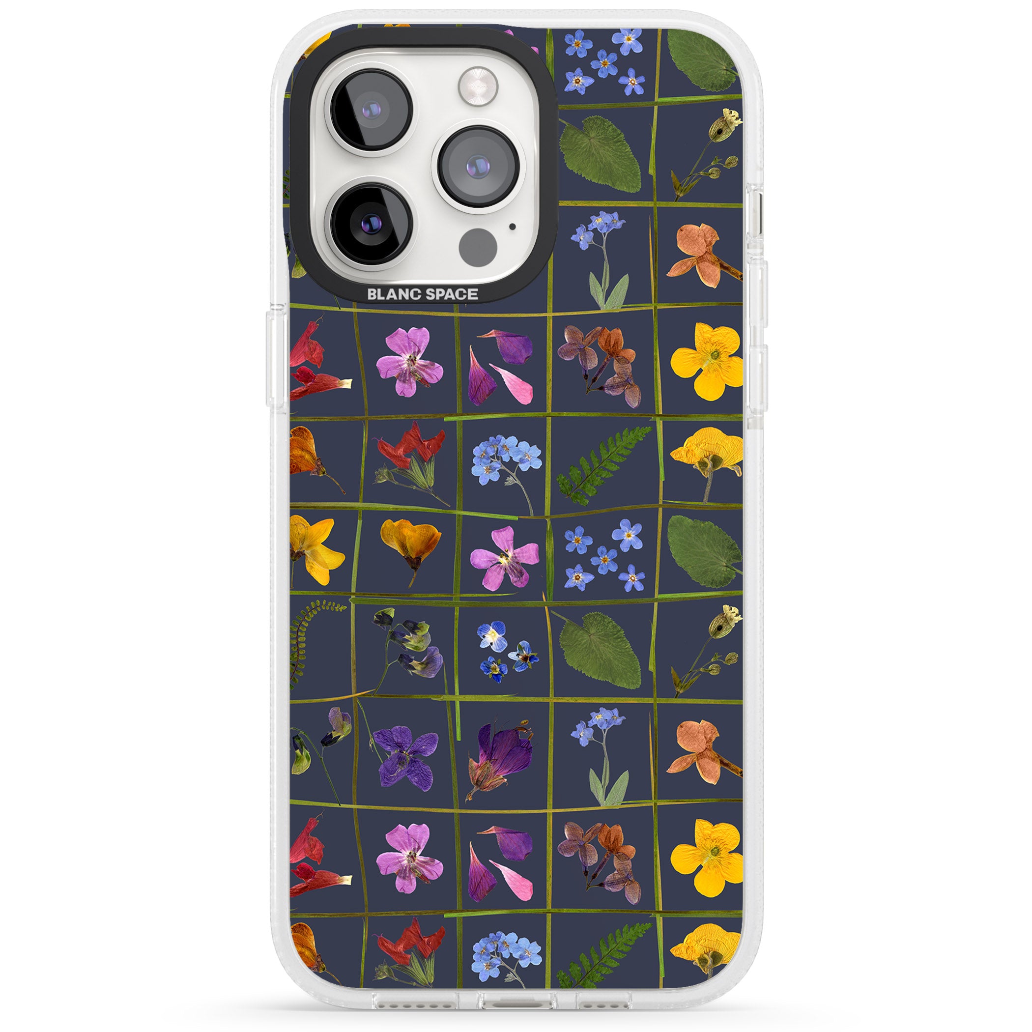 Wildflower Grid Boxes Pattern - Navy iPhone 15 Pro Max / 15 Pro / 14 Pro Max / 14 Pro / 13 Pro Clear Case Impact Air - Blanc Space