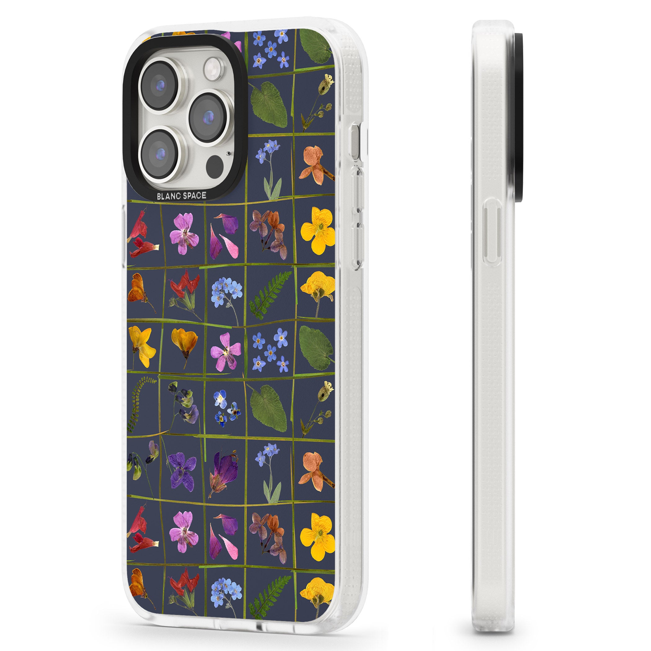 Wildflower Grid Boxes Pattern - Navy iPhone 15 Pro Max / 15 Pro / 14 Pro Max / 14 Pro / 13 Pro Clear Case Impact Air - Blanc Space