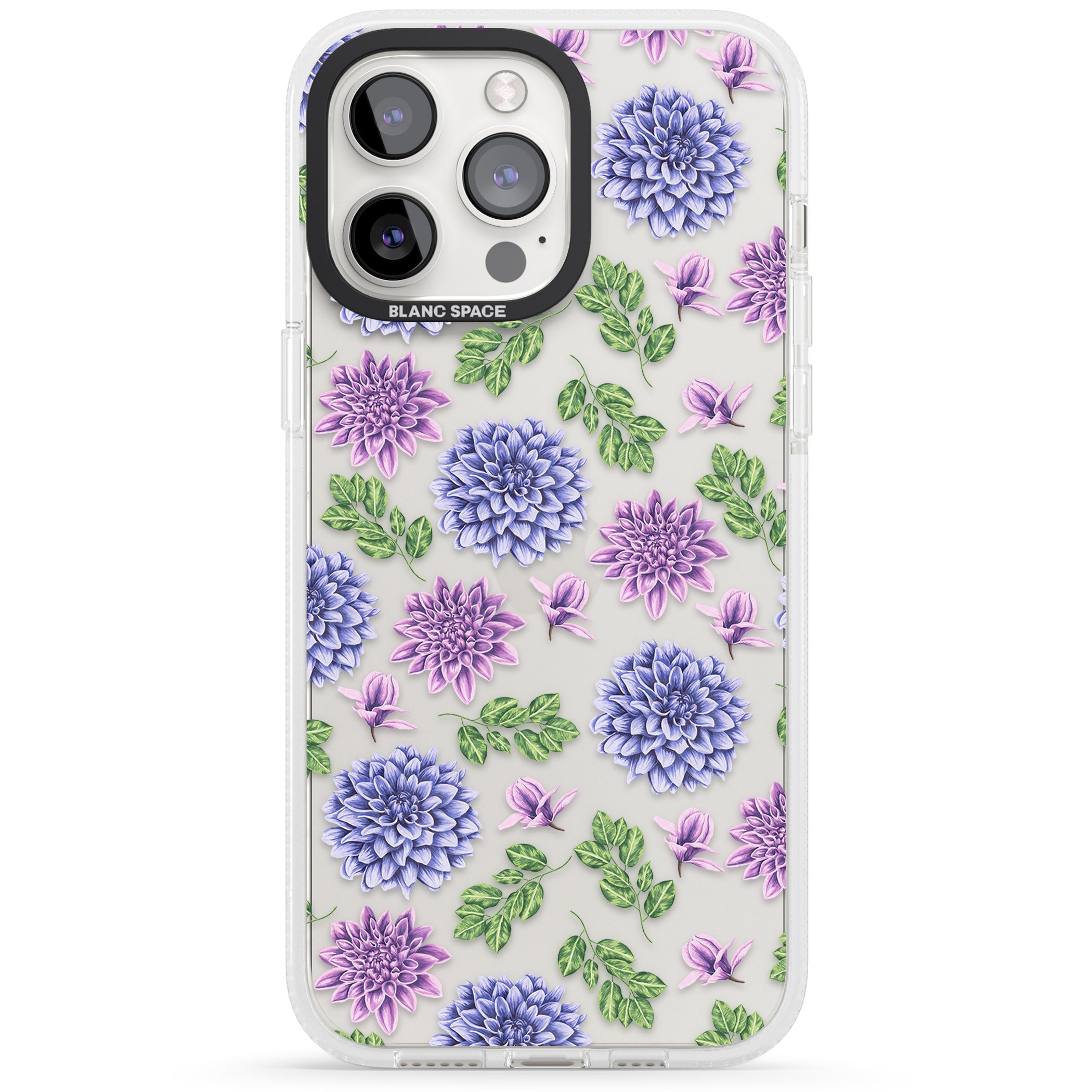 Purple Dahlias Transparent Floral iPhone 15 Pro Max / 15 Pro / 14 Pro Max / 14 Pro / 13 Pro Clear Case Impact Air - Blanc Space