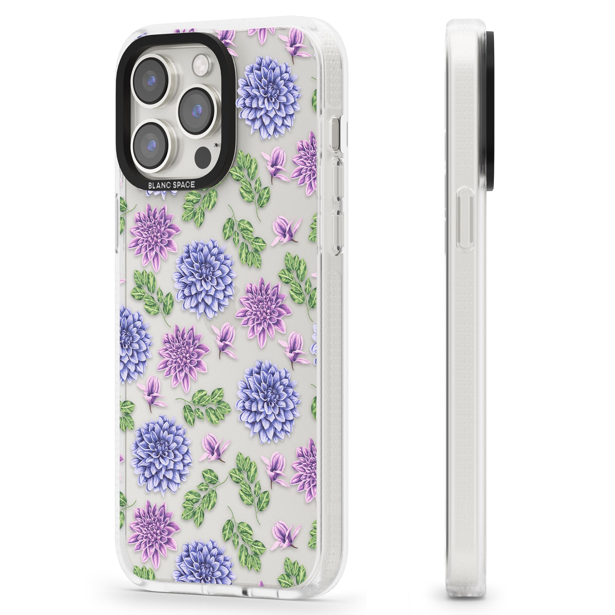 Purple Dahlias Transparent Floral iPhone 15 Pro Max / 15 Pro / 14 Pro Max / 14 Pro / 13 Pro Clear Case Impact Air - Blanc Space
