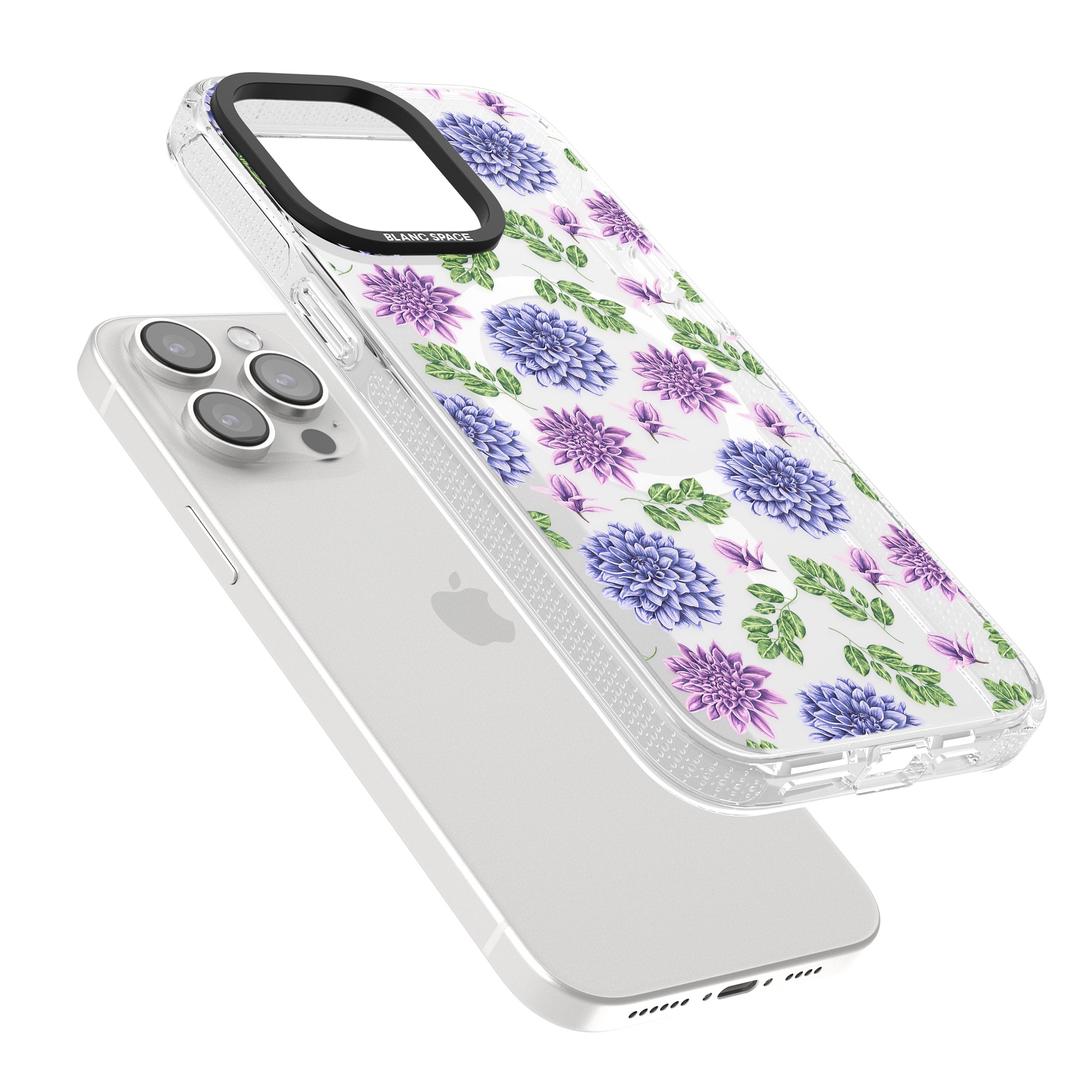Purple Dahlias Transparent Floral iPhone 15 Pro Max / 15 Pro / 14 Pro Max / 14 Pro / 13 Pro Clear Case Impact Air - Blanc Space