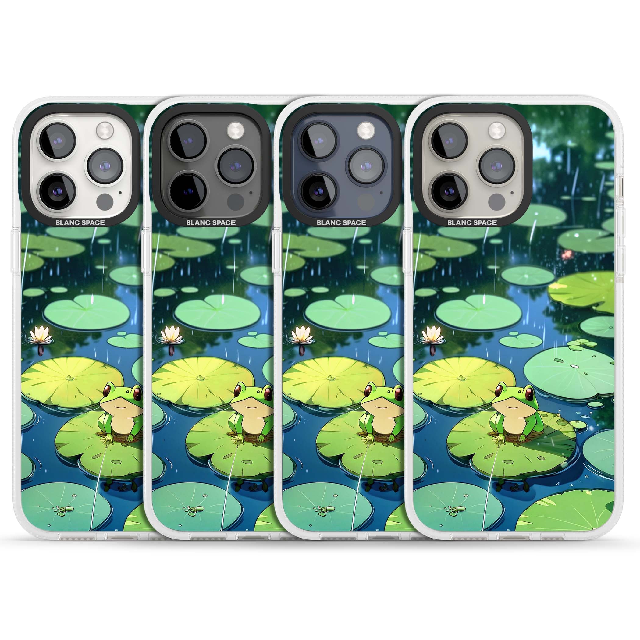 Frog In Lily Pond cottagecore iPhone case featuring a cute green frog on a lily pad with falling rain and a lotus flower | Clear Case Impact Air case for iPhone 15 Pro, iPhone 15 Pro Max
