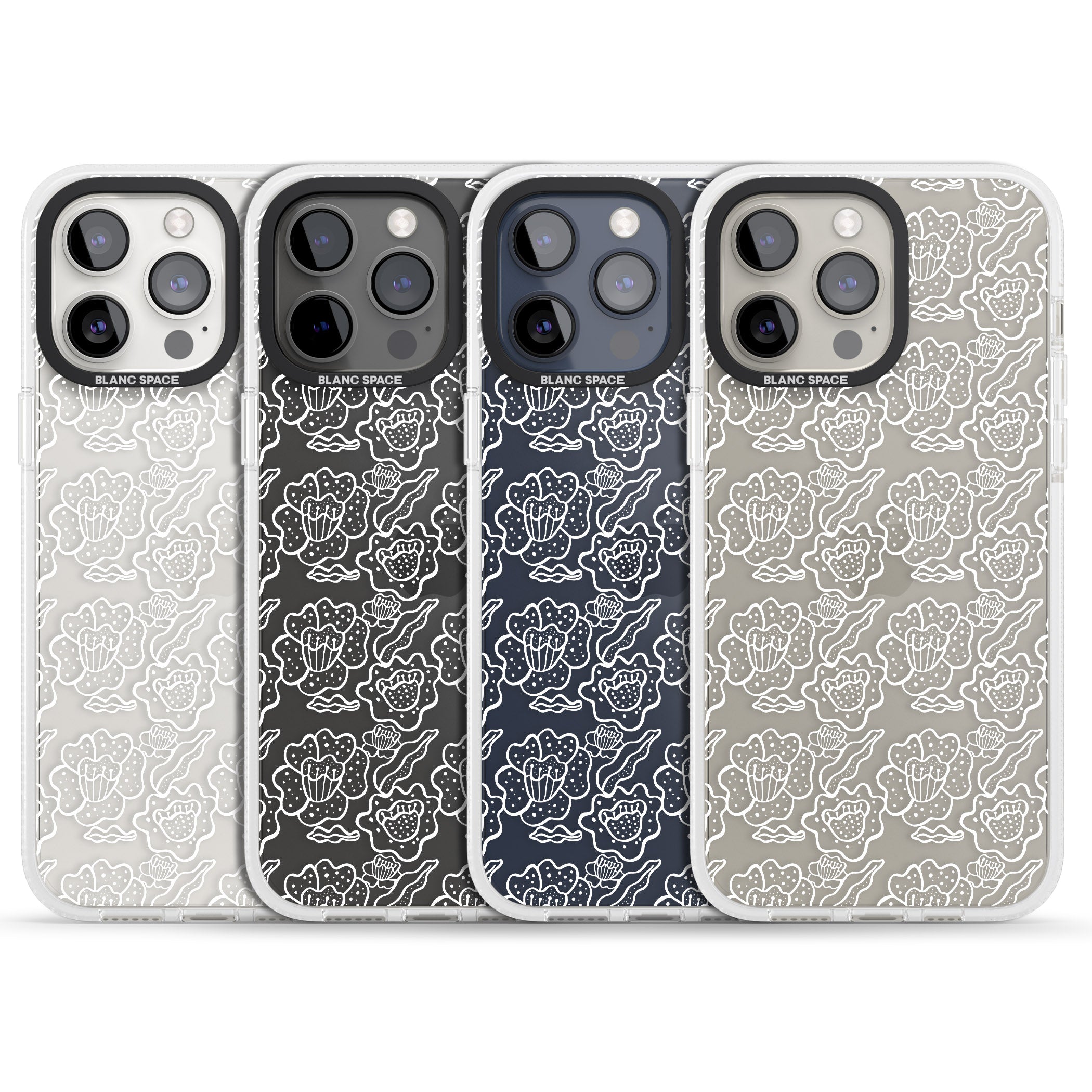 Funky Floral Patterns White on Clear iPhone 15 Pro Max / 15 Pro / 14 Pro Max / 14 Pro / 13 Pro Clear Case Impact Air - Blanc Space