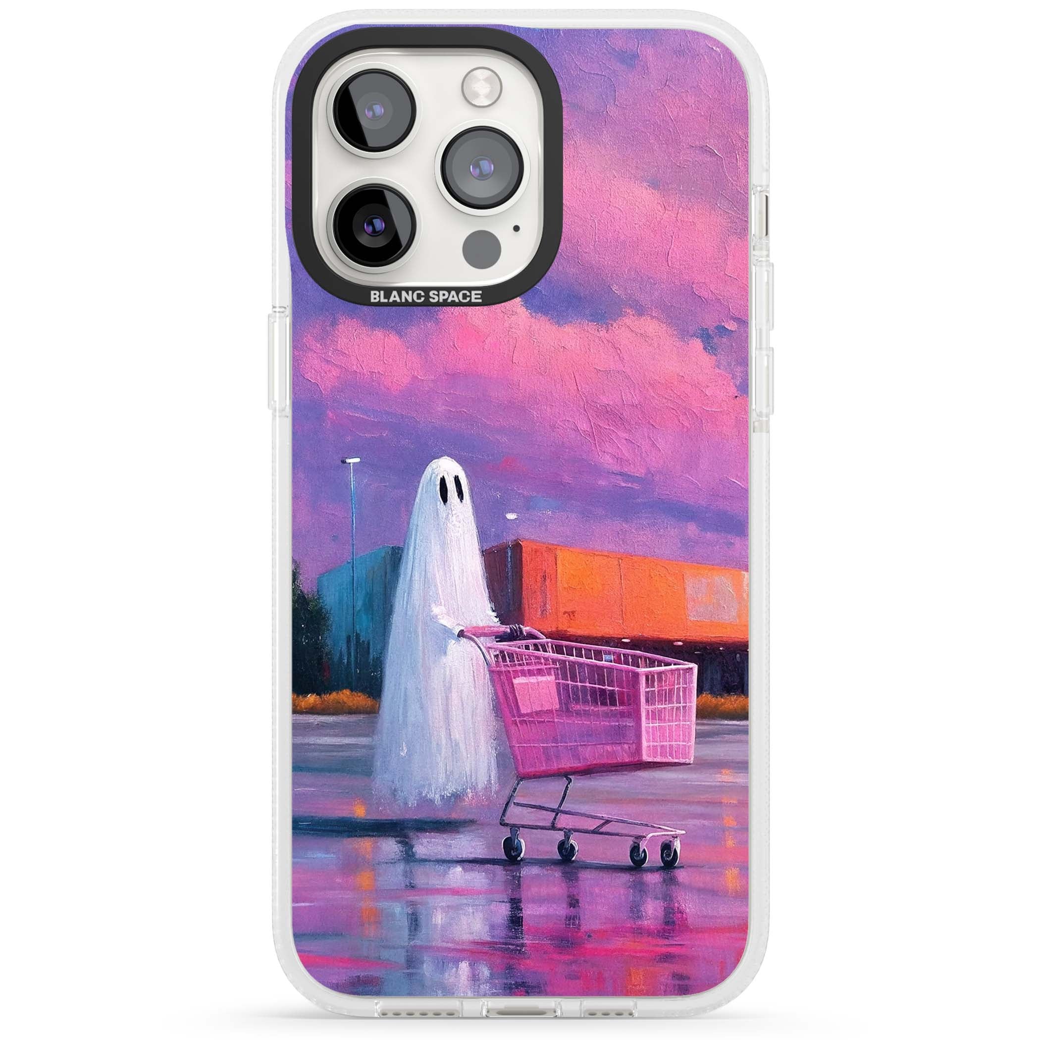 A Ghost's Errand ghost halloween iPhone case featuring a painted ghost, pink shopping trolley and purple sunset sky | Clear Case Impact Air case for iPhone 15 Pro, iPhone 15 Pro Max