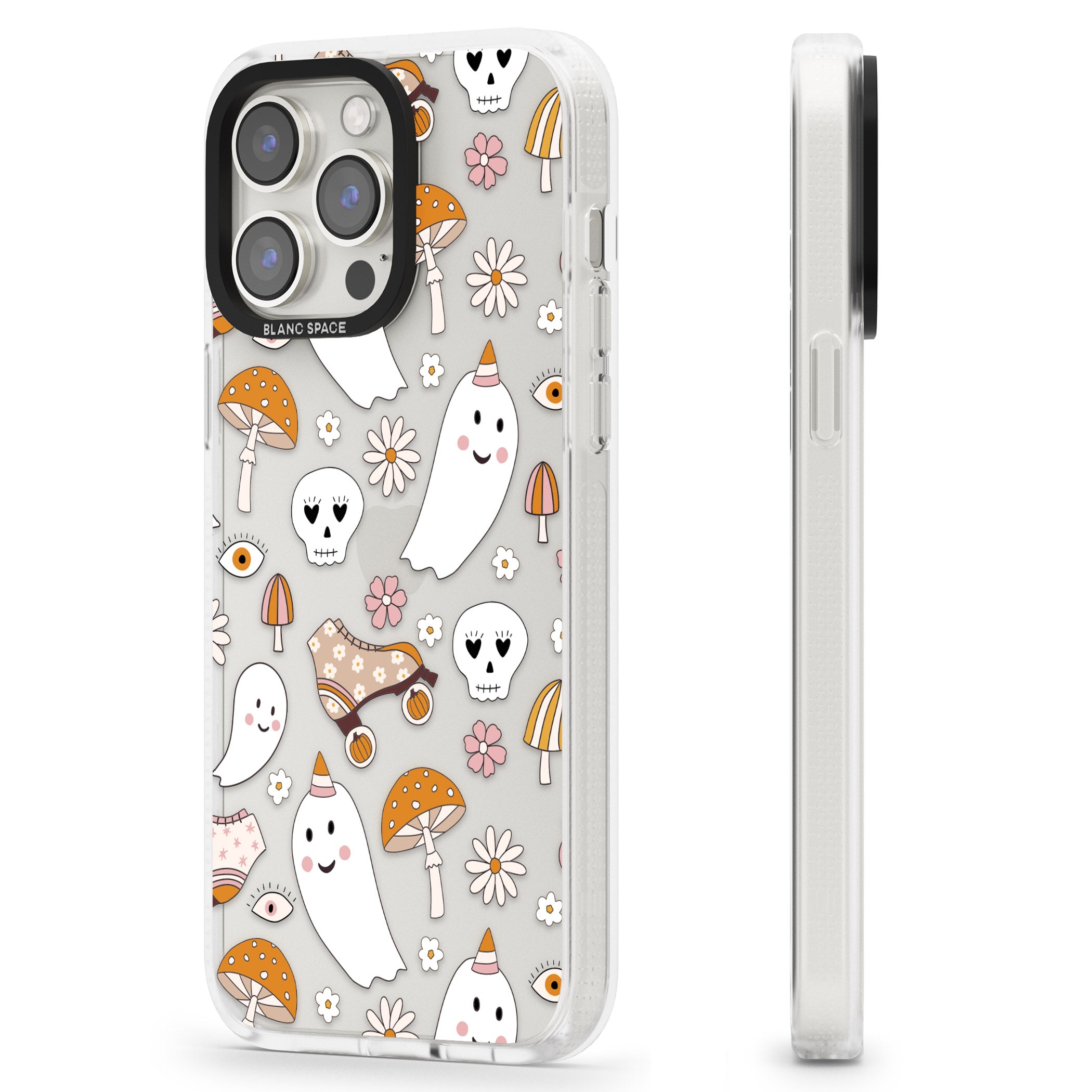Cute Ghost and Skulls Pattern iPhone 15 Pro Max / 15 Pro / 14 Pro Max / 14 Pro / 13 Pro Clear Case Impact Air - Blanc Space