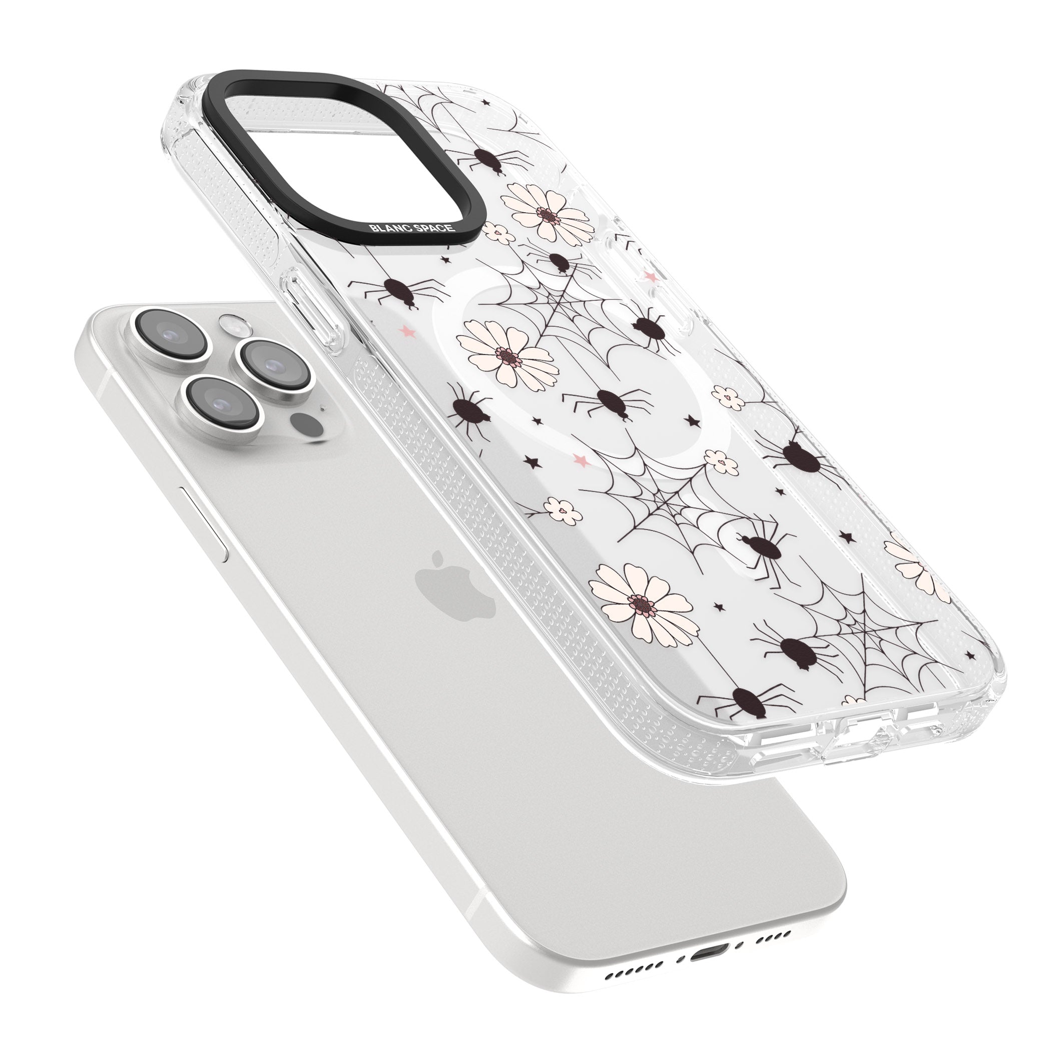 Spiders and Flowers Pattern iPhone 15 Pro Max / 15 Pro / 14 Pro Max / 14 Pro / 13 Pro Clear Case Impact Air - Blanc Space