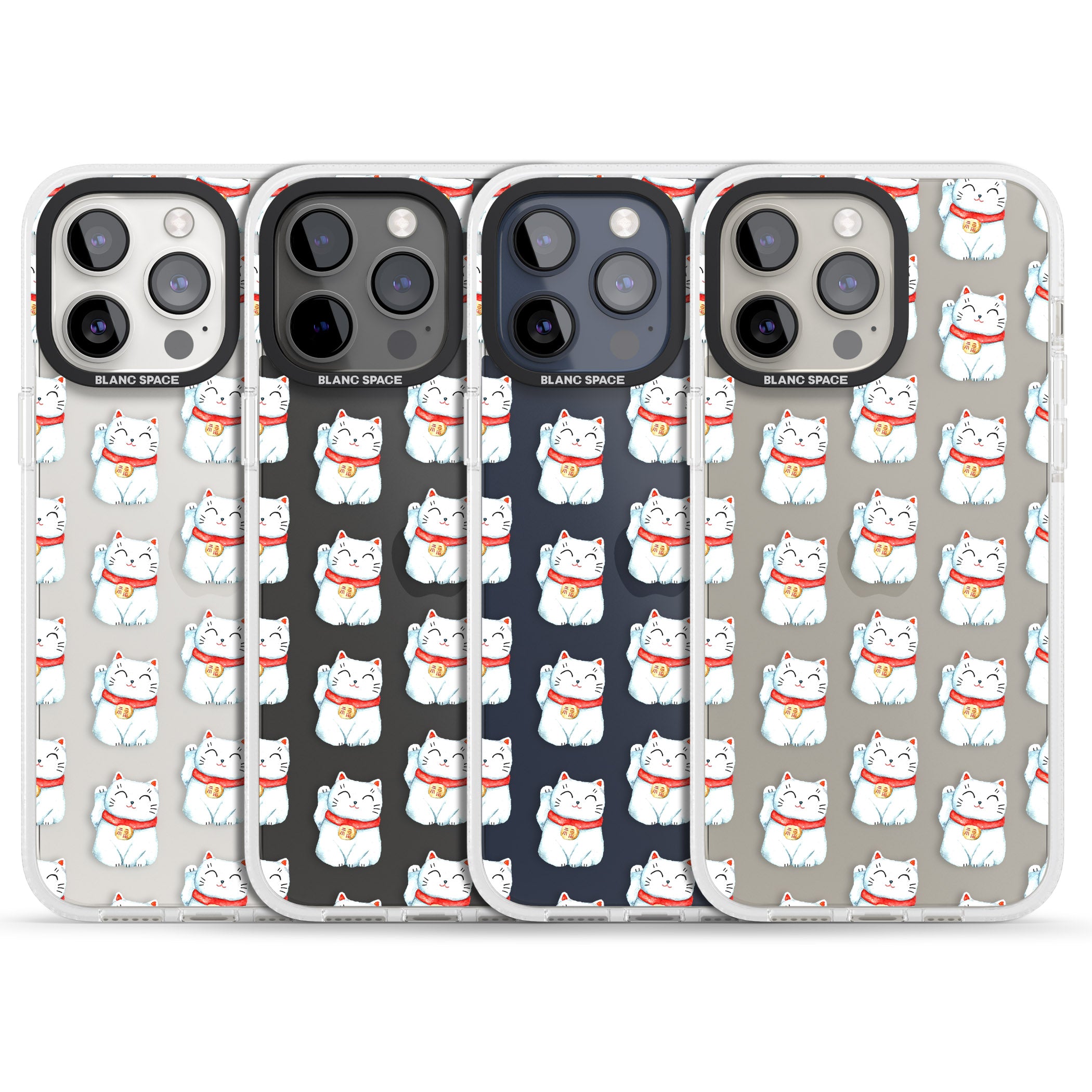 Lucky Cat Maneki-Neko Japanese Pattern iPhone 15 Pro Max / 15 Pro / 14 Pro Max / 14 Pro / 13 Pro Clear Case Impact Air - Blanc Space
