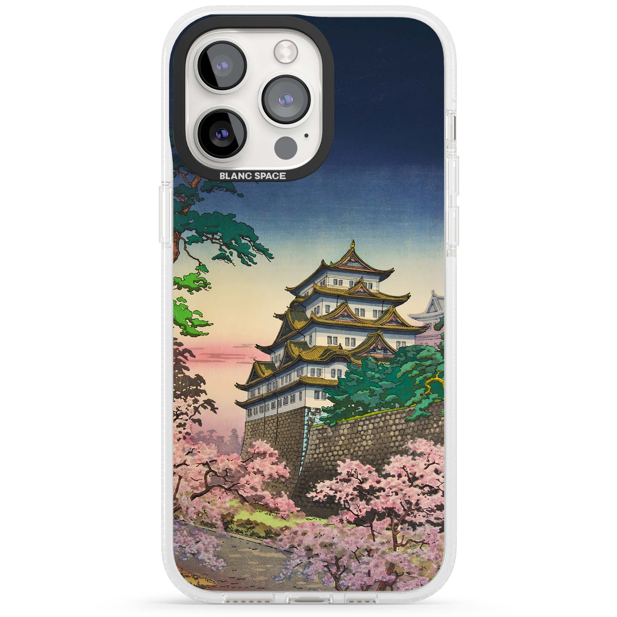 Nagoya Castle Japanese iPhone case featuring a vintage pagoda, twilight sky and cherry blossom trees | Clear Case Impact Air case for iPhone 15 Pro, iPhone 15 Pro Max