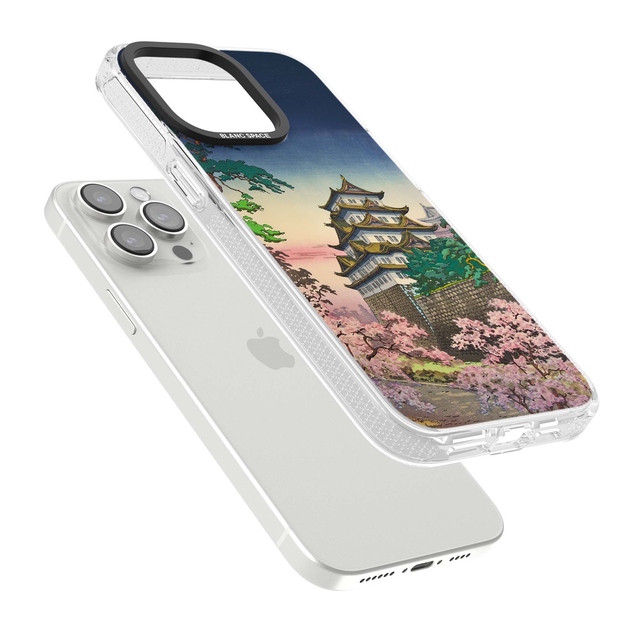 Nagoya Castle Japanese iPhone case featuring a vintage pagoda, twilight sky and cherry blossom trees | Clear Case Impact Air case for iPhone 15 Pro, iPhone 15 Pro Max