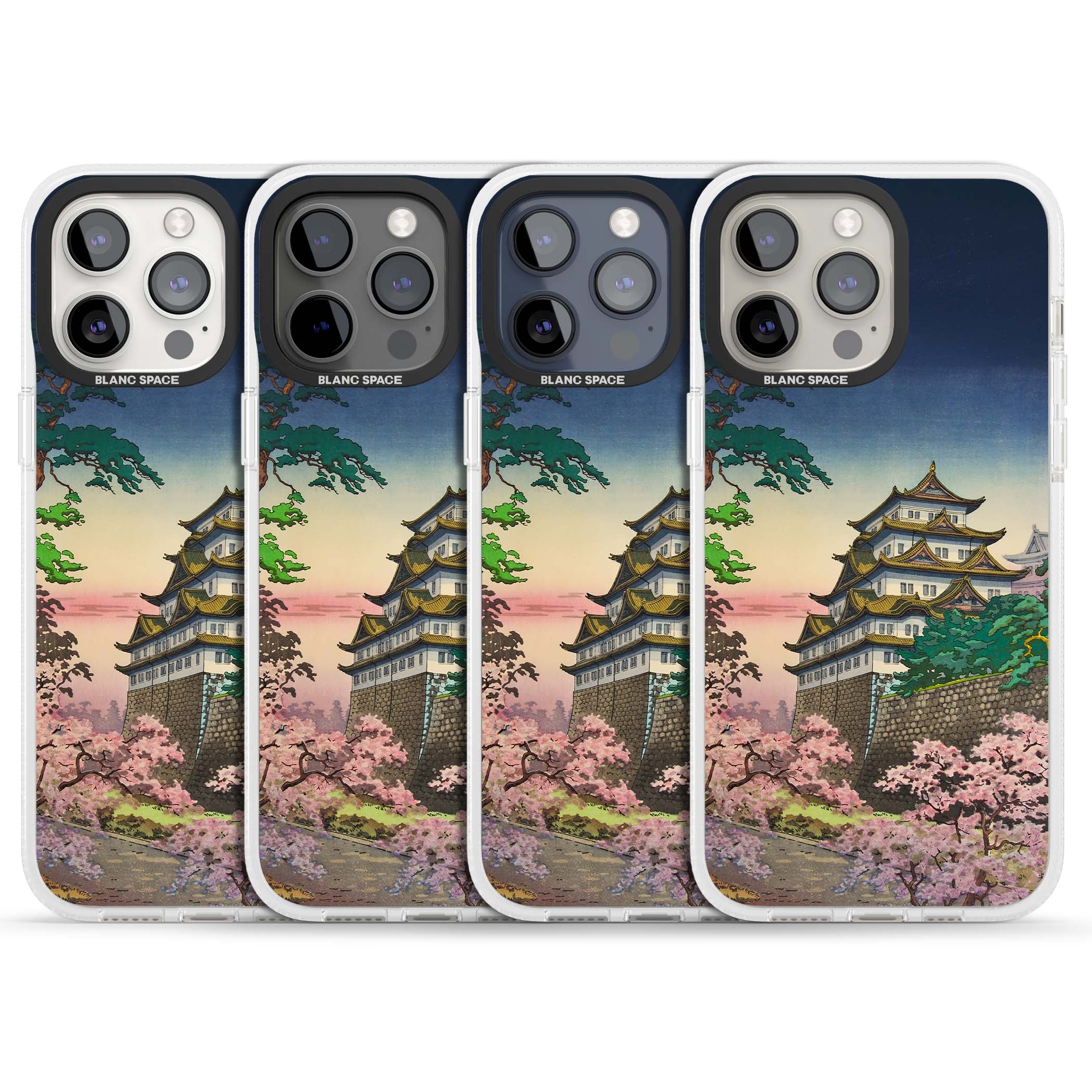 Nagoya Castle Japanese iPhone case featuring a vintage pagoda, twilight sky and cherry blossom trees | Clear Case Impact Air case for iPhone 15 Pro, iPhone 15 Pro Max