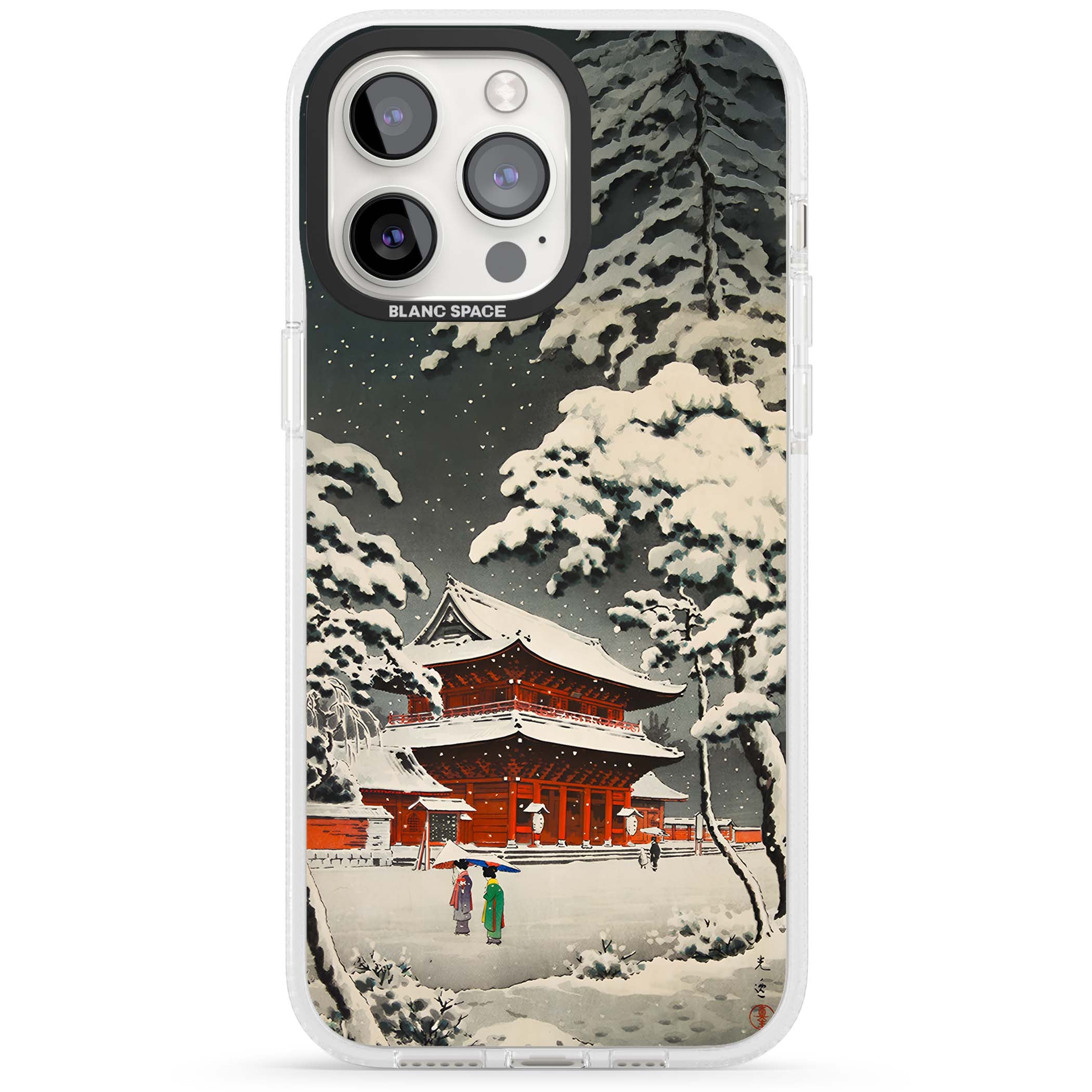 Snow at Shiha Park, Tokyo Japanese art iPhone case featuring a vintage ukiyo-e snowy temple, red pagoda, and snow-covered pin | Clear Case Impact Air case for iPhone 15 Pro, iPhone 15 Pro Max