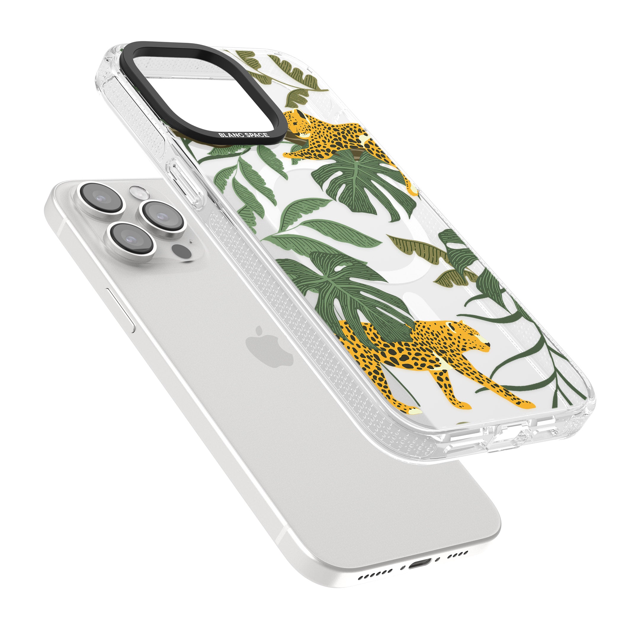 Two Jaguars & Foliage Jungle Cat Pattern iPhone 15 Pro Max / 15 Pro / 14 Pro Max / 14 Pro / 13 Pro Clear Case Impact Air - Blanc Space