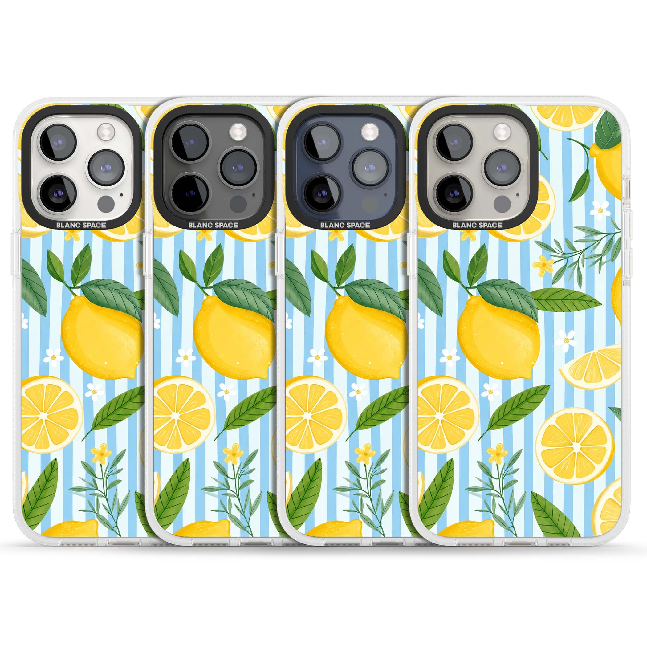 Capri Citrus Stripe coastal iPhone case featuring yellow lemons, blue stripes, and white daisy blossoms | Clear Case Impact Air case for iPhone 15 Pro, iPhone 15 Pro Max